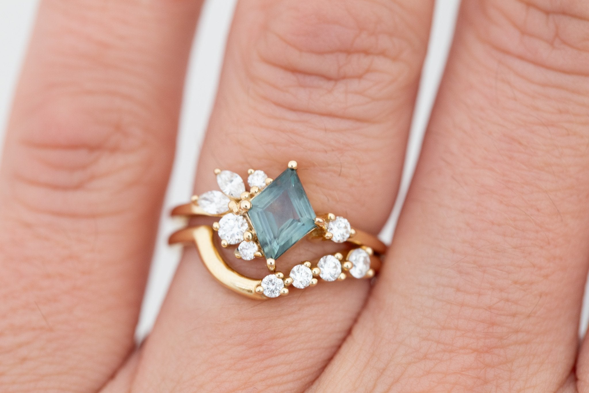 Alden Ring | Teal Montana Sapphire Rhombus + Diamond Cluster Engagement Ring 1.11 ct | 14k Recycled Gold | One of a Kind