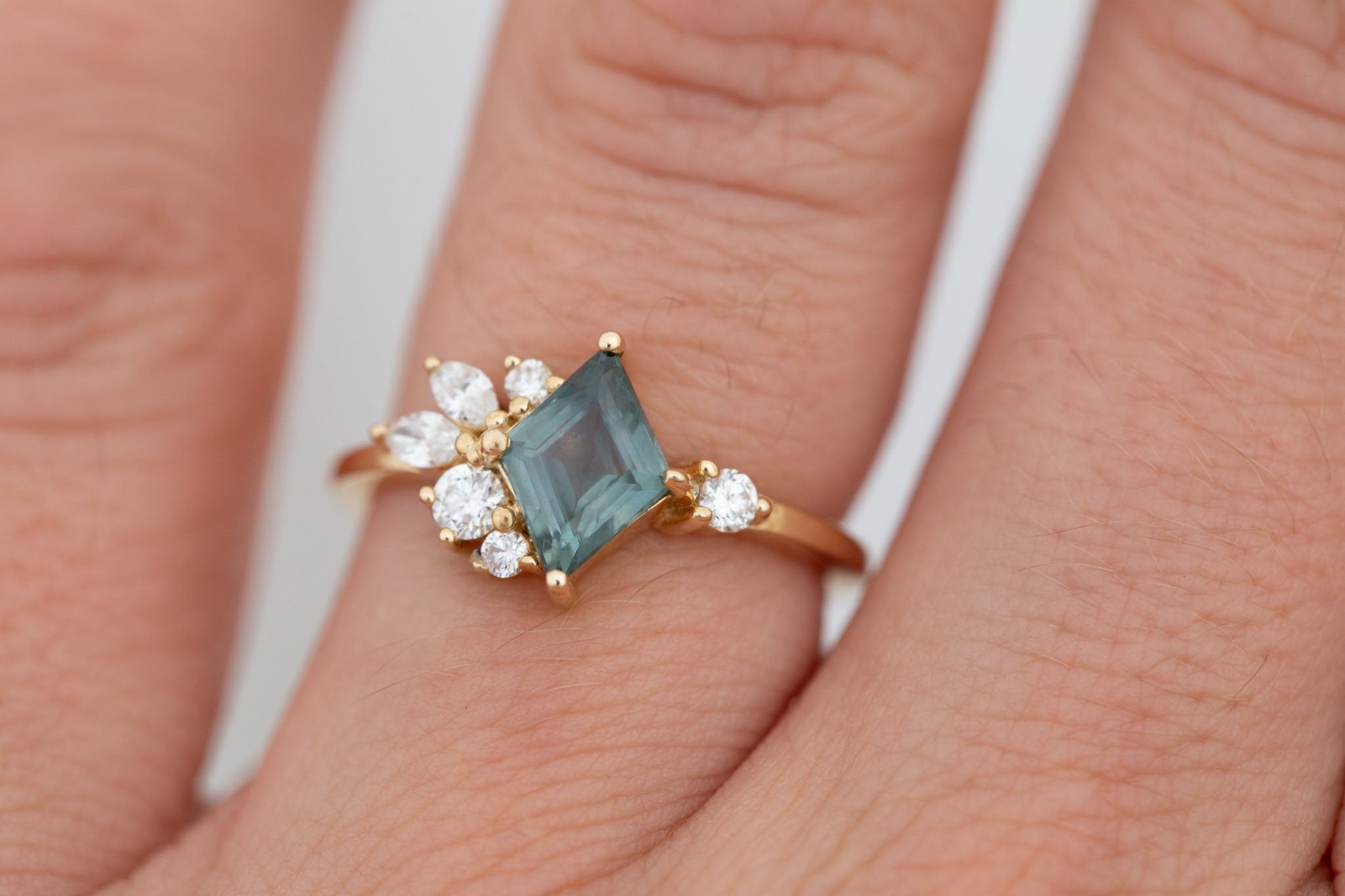 Alden Ring | Teal Montana Sapphire Rhombus + Diamond Cluster Engagement Ring 1.11 ct | 14k Recycled Gold | One of a Kind