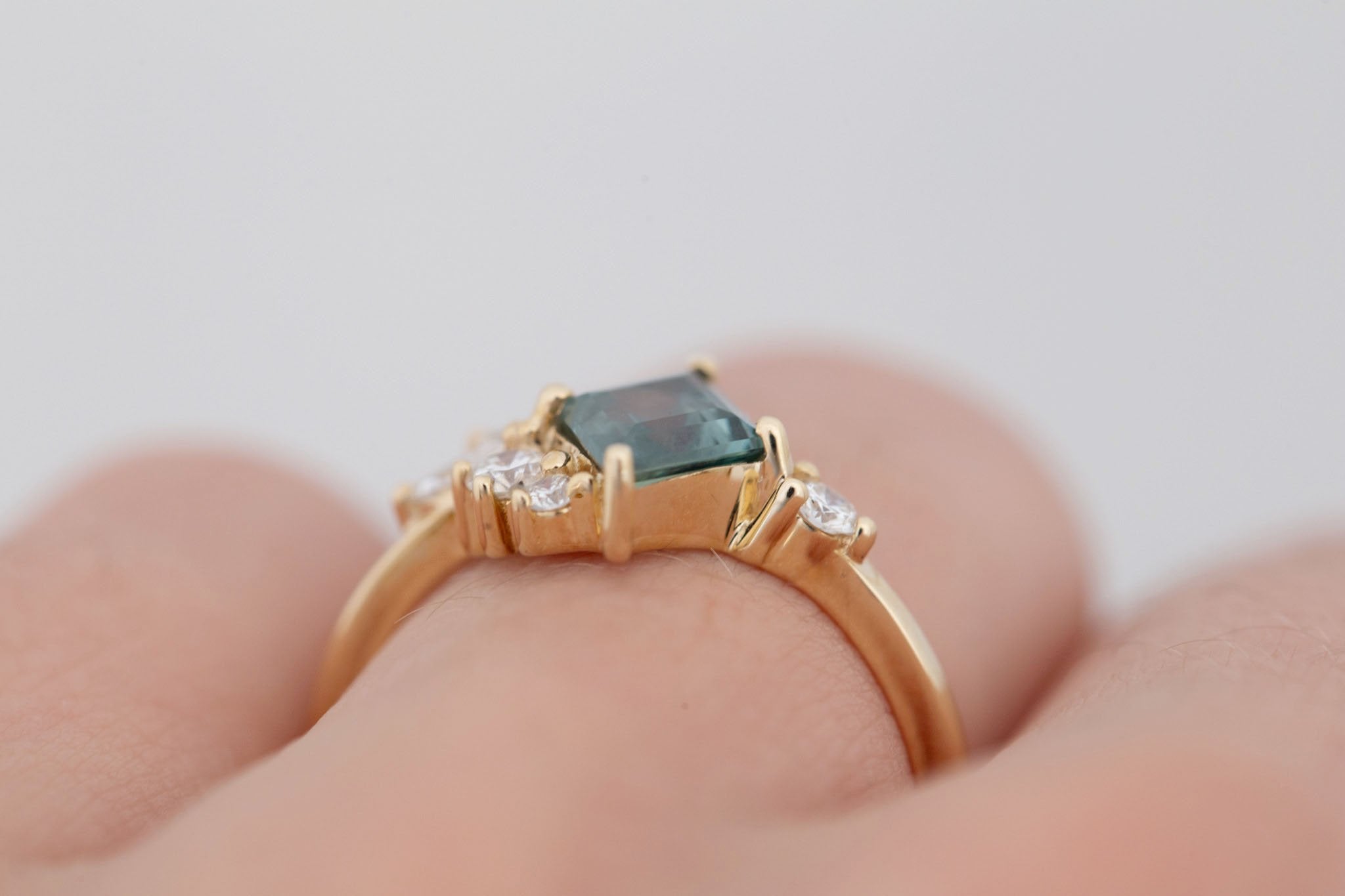 Alden Ring | Teal Montana Sapphire Rhombus + Diamond Cluster Engagement Ring 1.11 ct | 14k Recycled Gold | One of a Kind