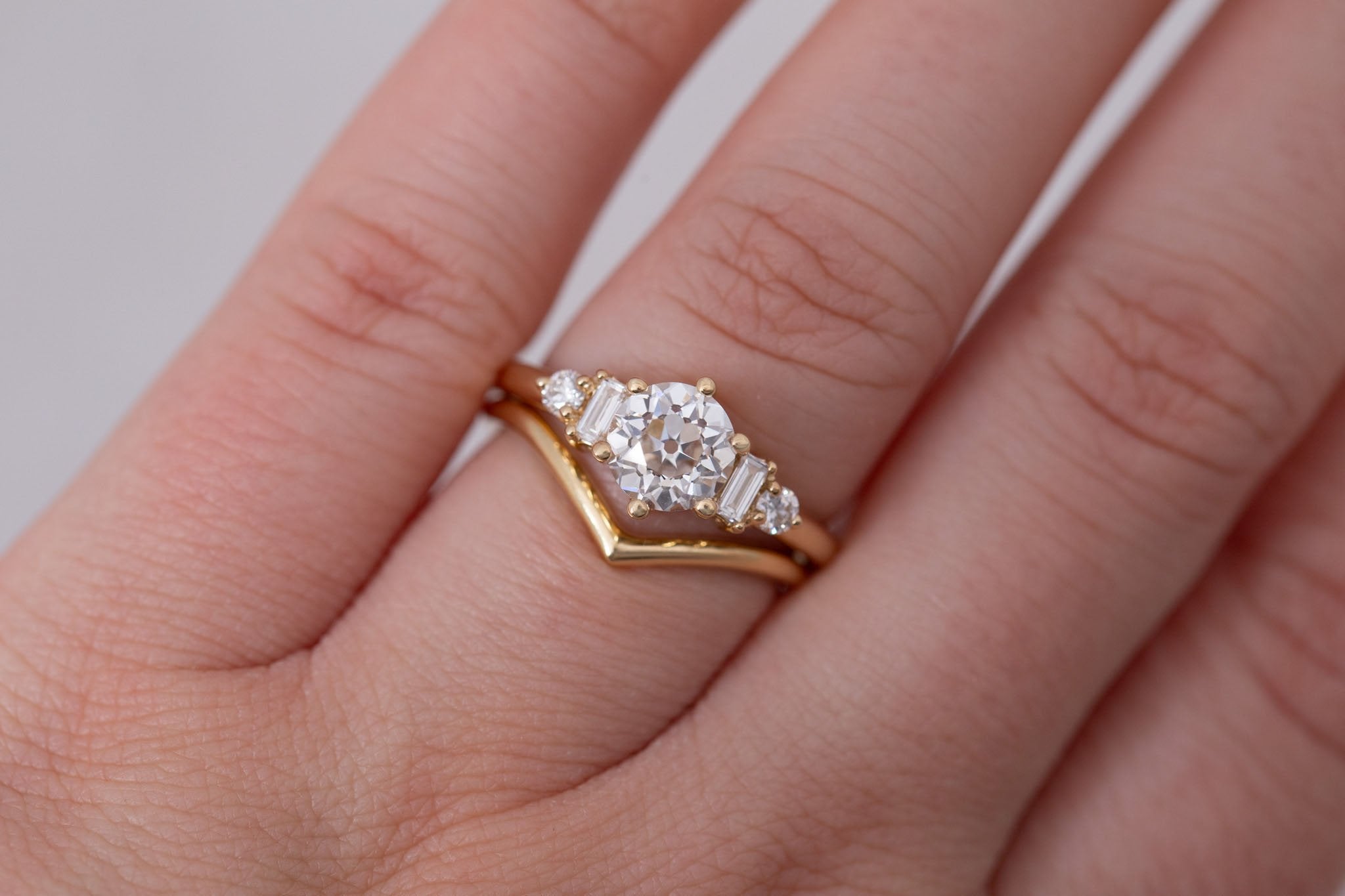 Alsea Ring | Lab Antique Round Cut Diamond + Baguette and Round Lab Diamond Accents Engagement Ring 1.24 ct | 14k Recycled Gold | One of a Kind