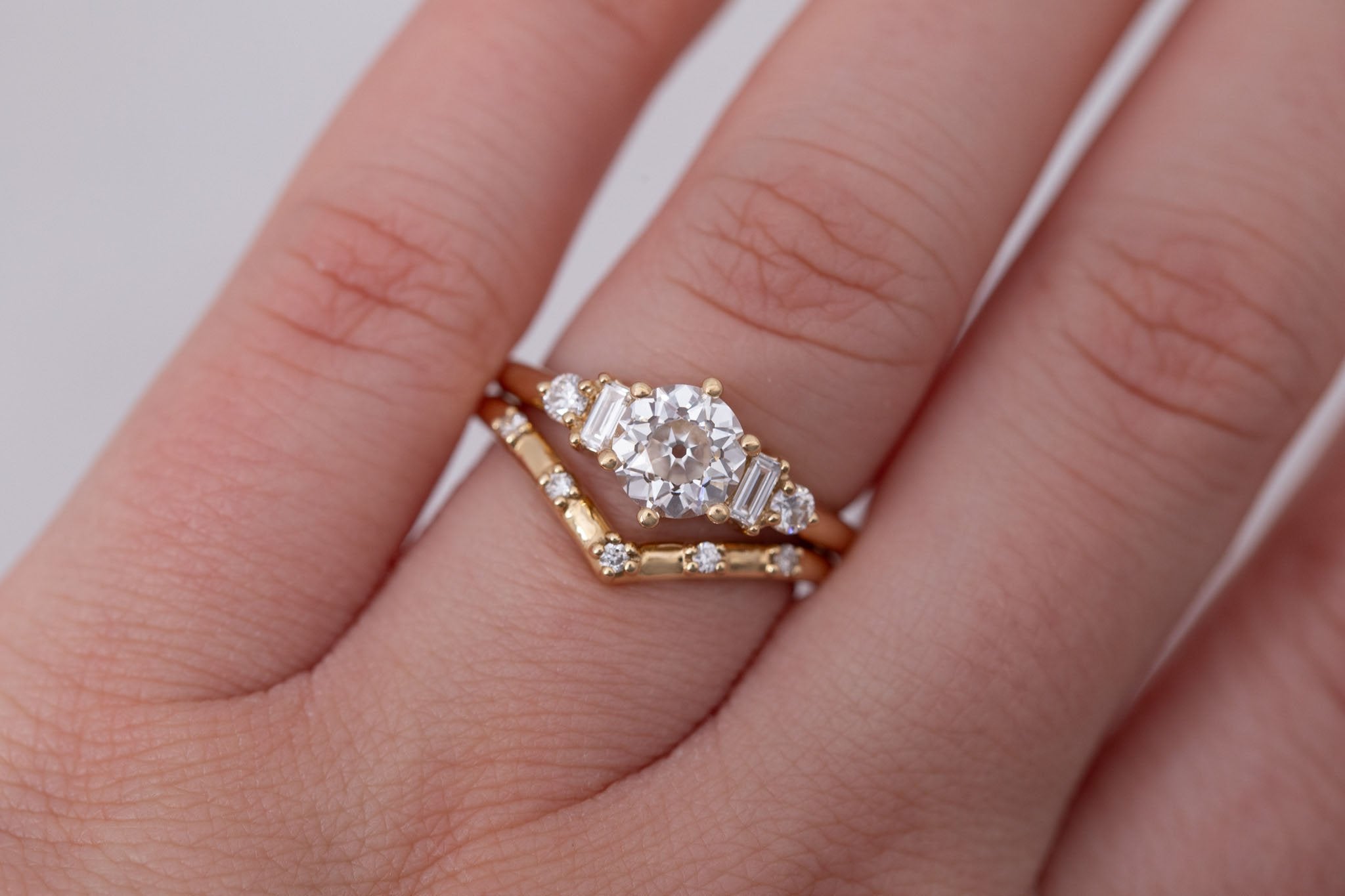 Alsea Ring | Lab Antique Round Cut Diamond + Baguette and Round Lab Diamond Accents Engagement Ring 1.24 ct | 14k Recycled Gold | One of a Kind