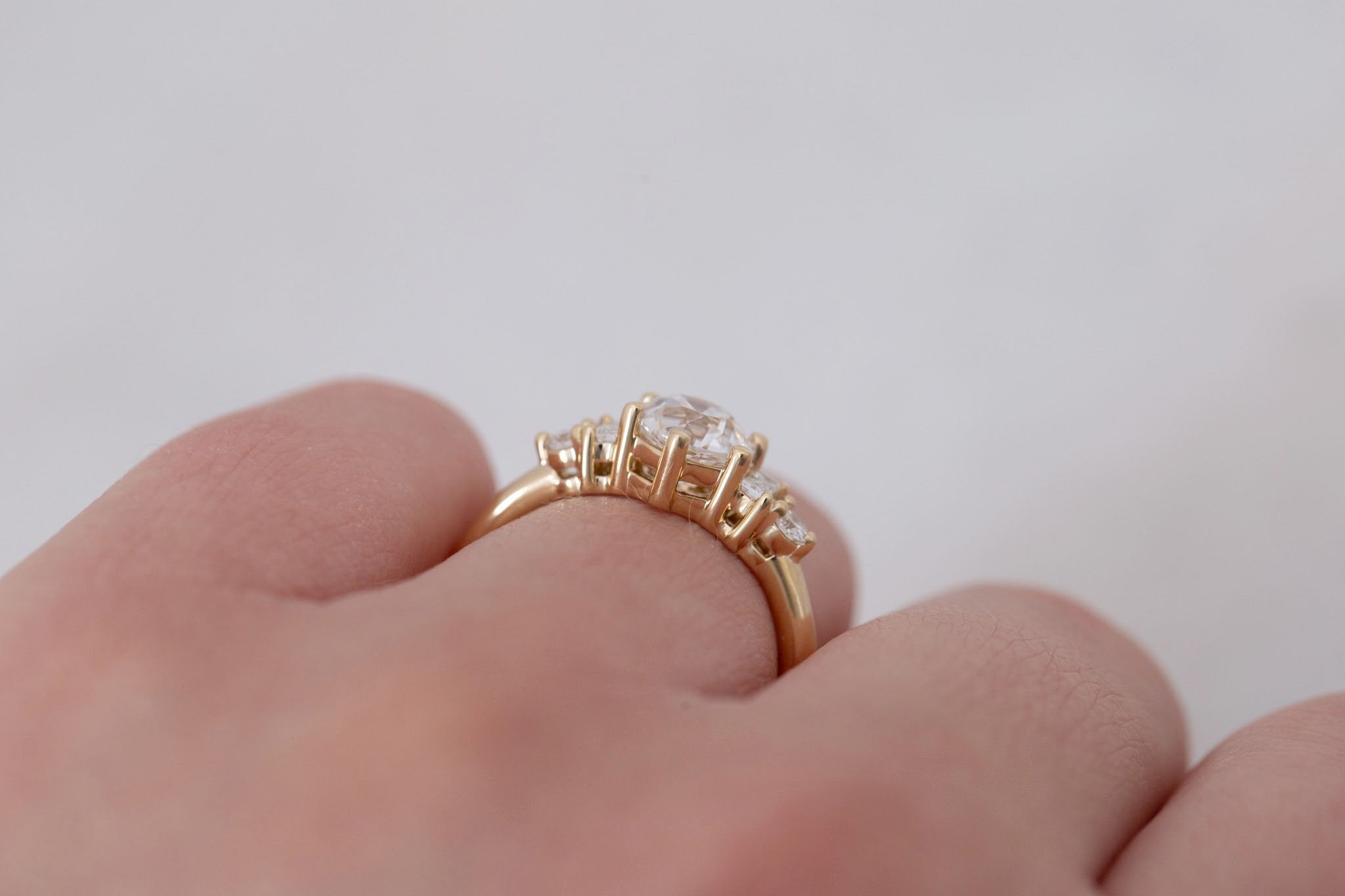 Alsea Ring | Lab Antique Round Cut Diamond + Baguette and Round Lab Diamond Accents Engagement Ring 1.24 ct | 14k Recycled Gold | One of a Kind