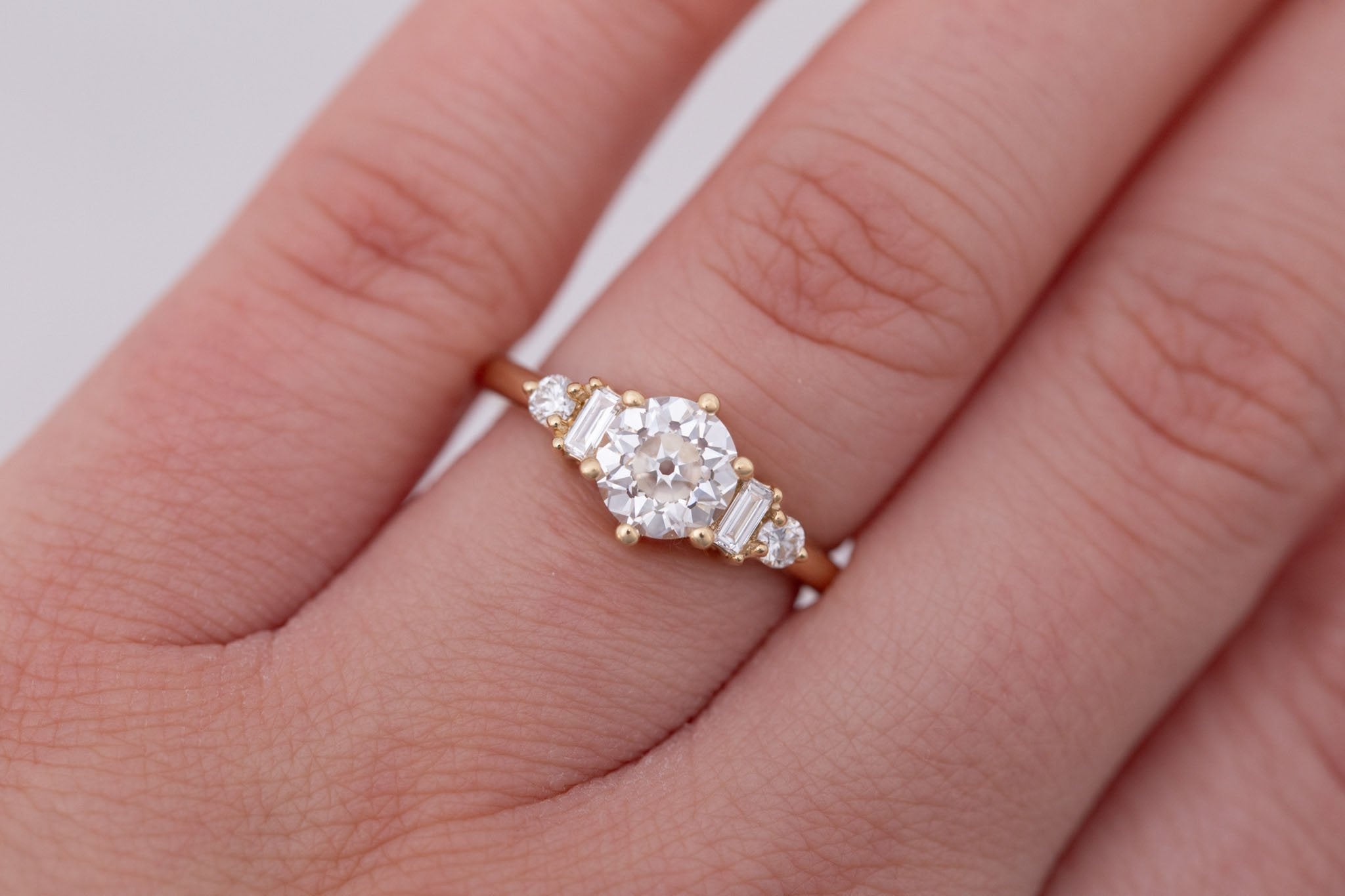 Alsea Ring | Lab Antique Round Cut Diamond + Baguette and Round Lab Diamond Accents Engagement Ring 1.24 ct | 14k Recycled Gold | One of a Kind