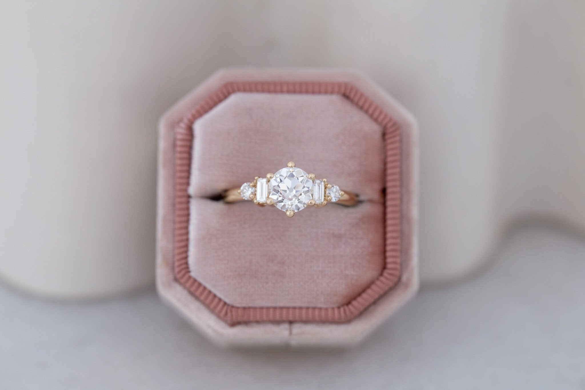 Alsea Ring | Lab Antique Round Cut Diamond + Baguette and Round Lab Diamond Accents Engagement Ring 1.24 ct | 14k Recycled Gold | One of a Kind
