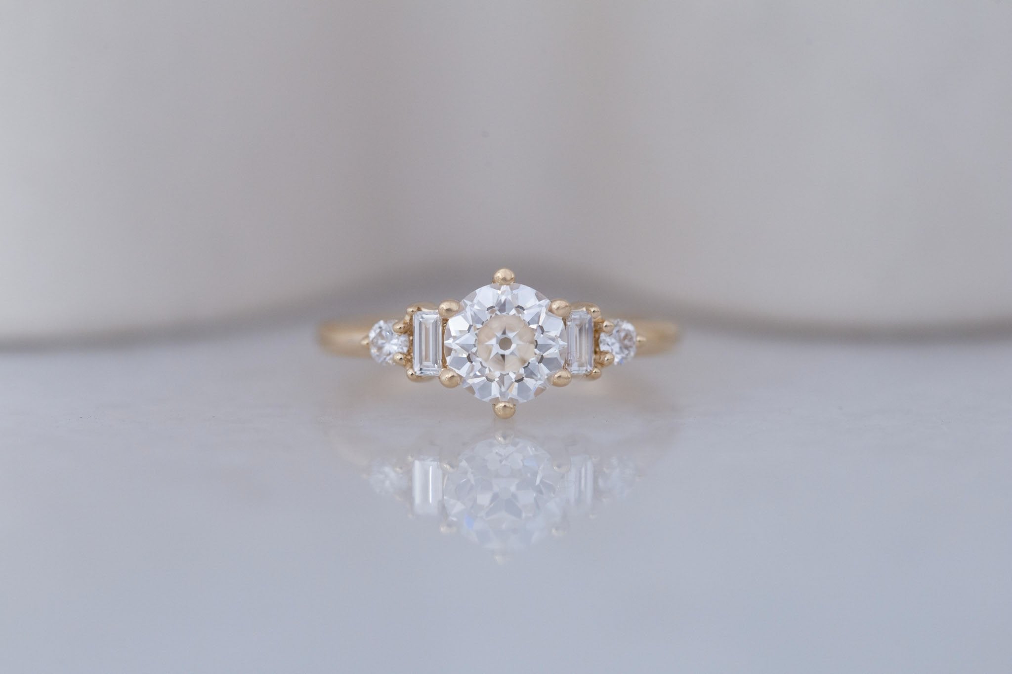 Alsea Ring | Lab Antique Round Cut Diamond + Baguette and Round Lab Diamond Accents Engagement Ring 1.24 ct | 14k Recycled Gold | One of a Kind
