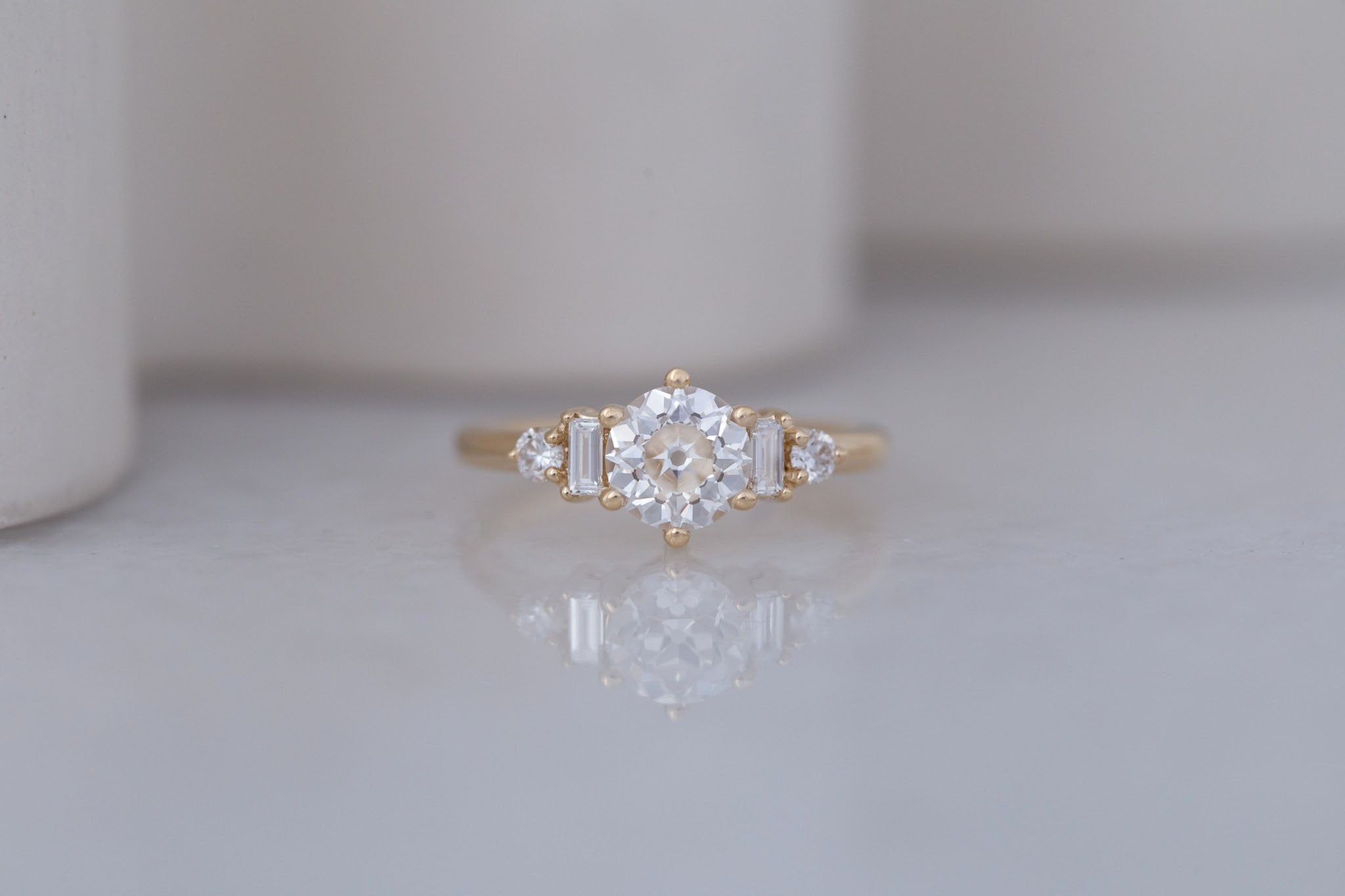 Alsea Ring | Lab Antique Round Cut Diamond + Baguette and Round Lab Diamond Accents Engagement Ring 1.24 ct | 14k Recycled Gold | One of a Kind