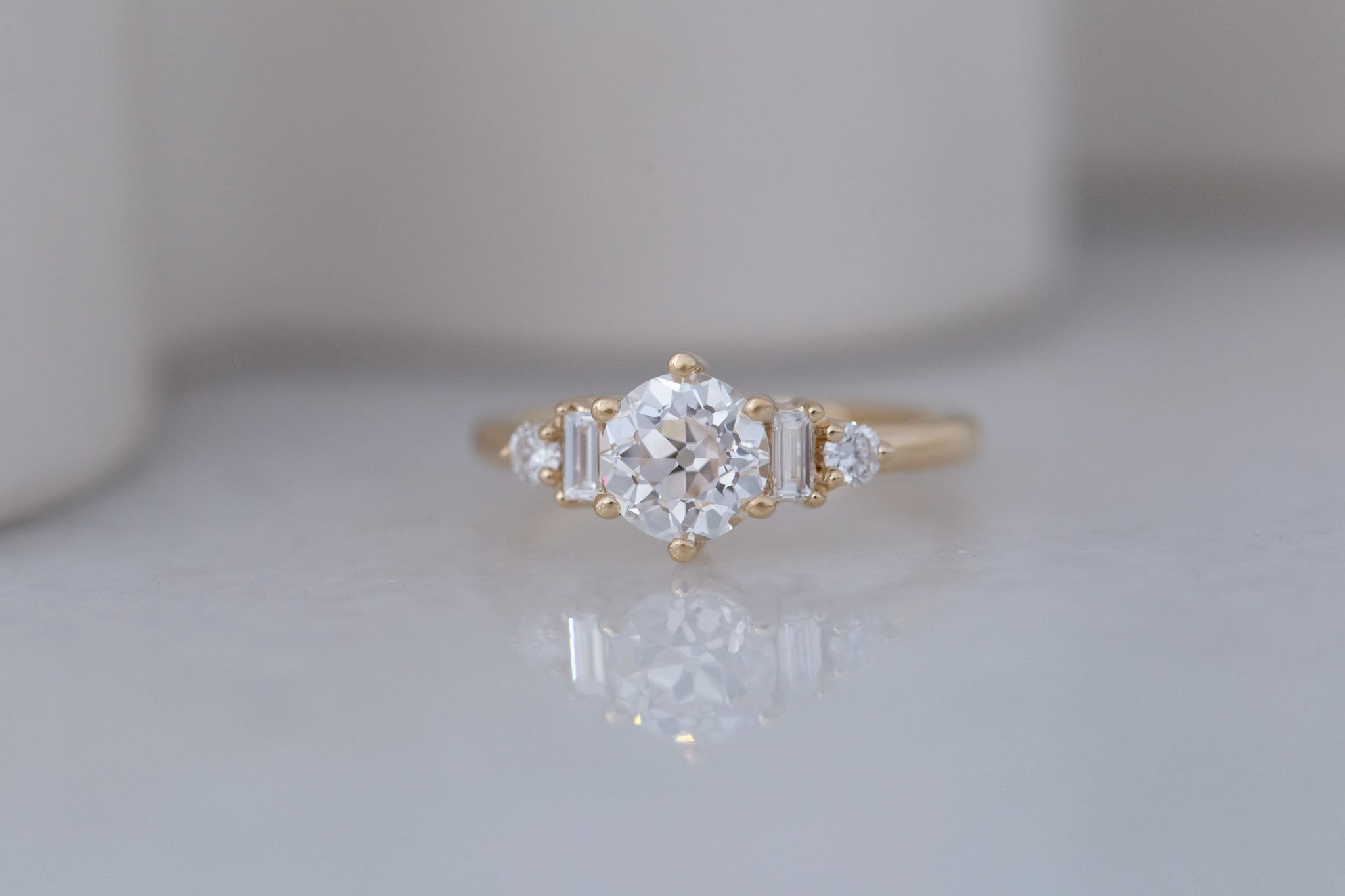 Alsea Ring | Lab Antique Round Cut Diamond + Baguette and Round Lab Diamond Accents Engagement Ring 1.24 ct | 14k Recycled Gold | One of a Kind