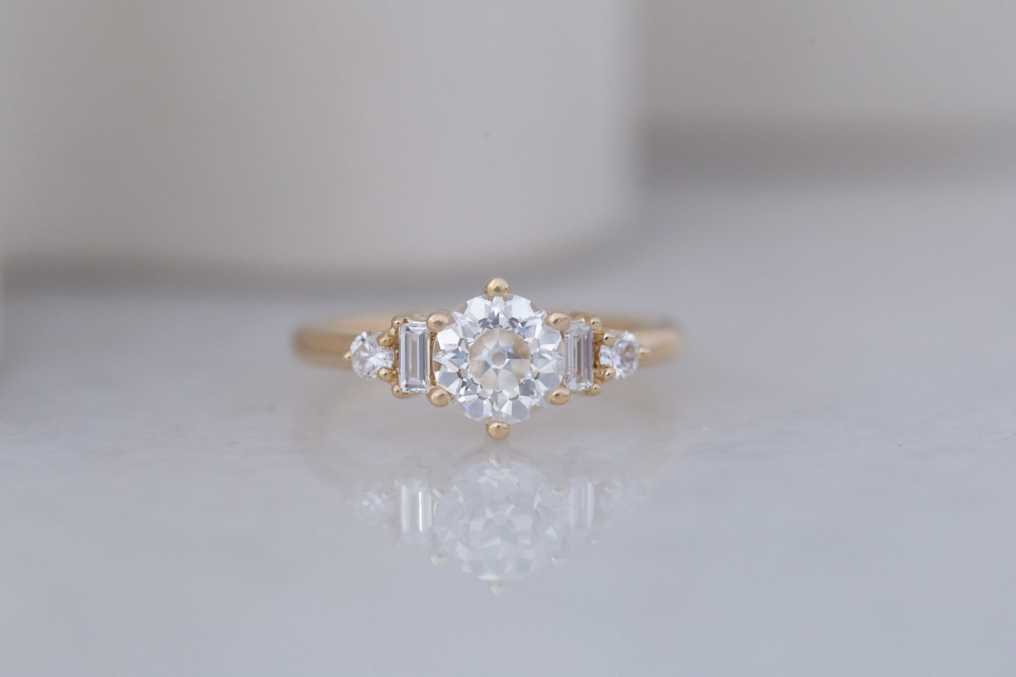 Alsea Ring | Lab Antique Round Cut Diamond + Baguette and Round Lab Diamond Accents Engagement Ring 1.24 ct | 14k Recycled Gold | One of a Kind