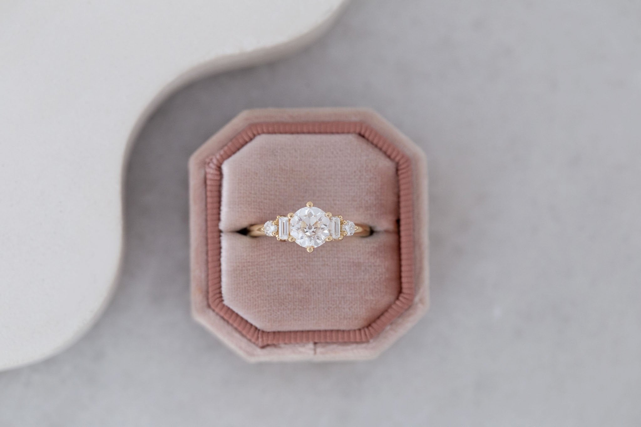 Alsea Ring | Lab Antique Round Cut Diamond + Baguette and Round Lab Diamond Accents Engagement Ring 1.24 ct | 14k Recycled Gold | One of a Kind