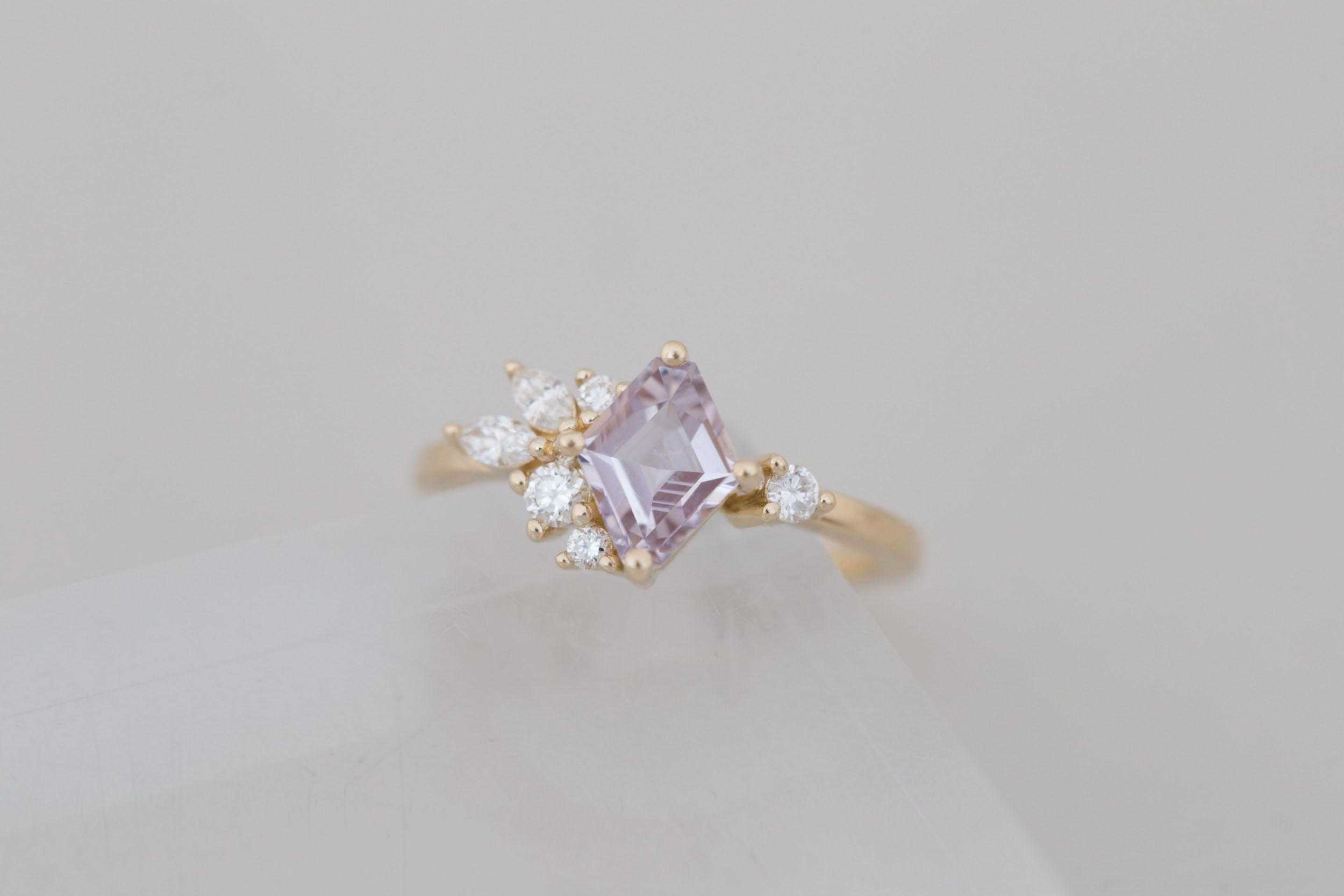 Alden Ring | Lavender Sapphire Rhombus + Diamond Cluster Engagement Ring 1.24 ct | 14k Recycled Gold | One of a Kind