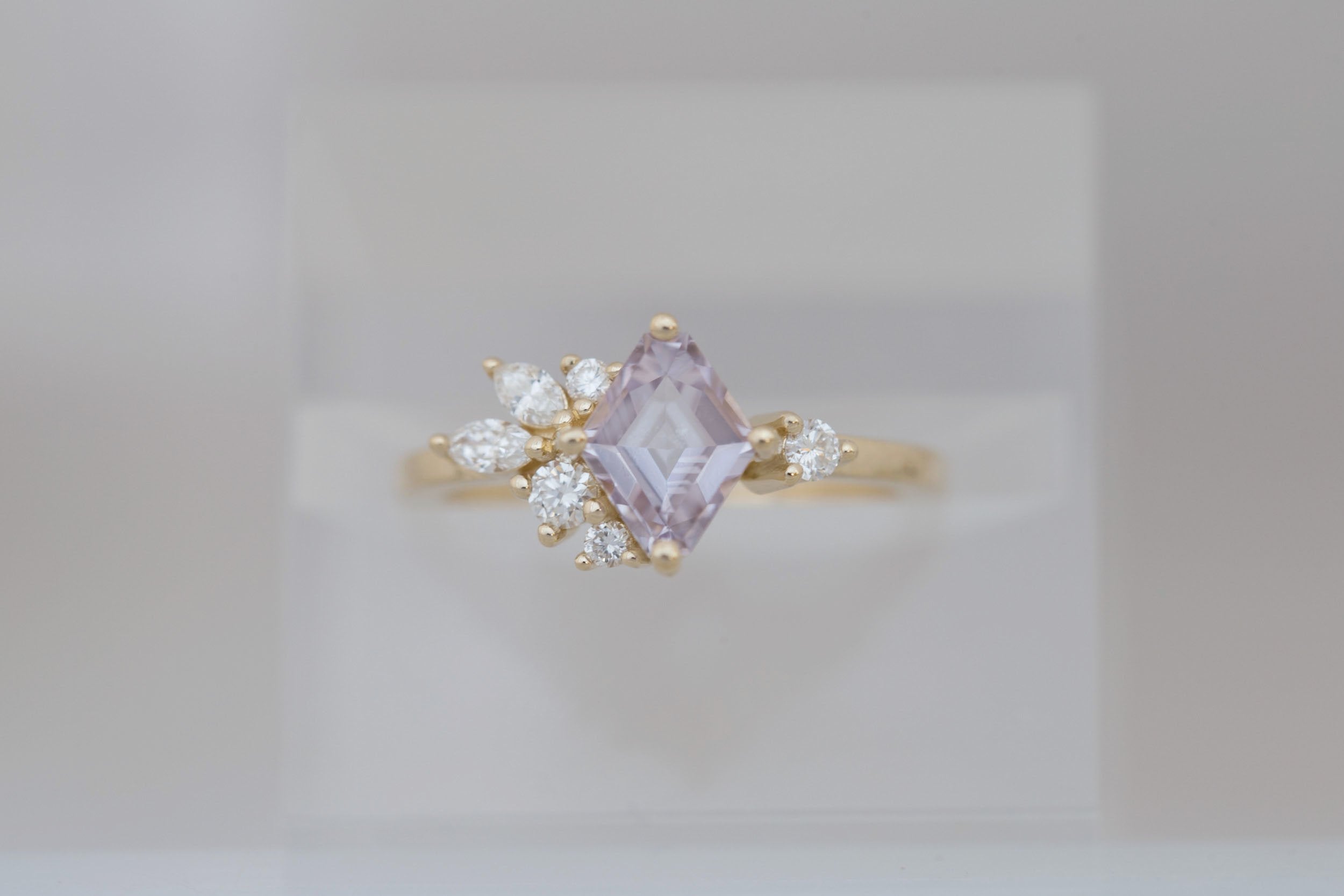 Alden Ring | Lavender Sapphire Rhombus + Diamond Cluster Engagement Ring 1.24 ct | 14k Recycled Gold | One of a Kind