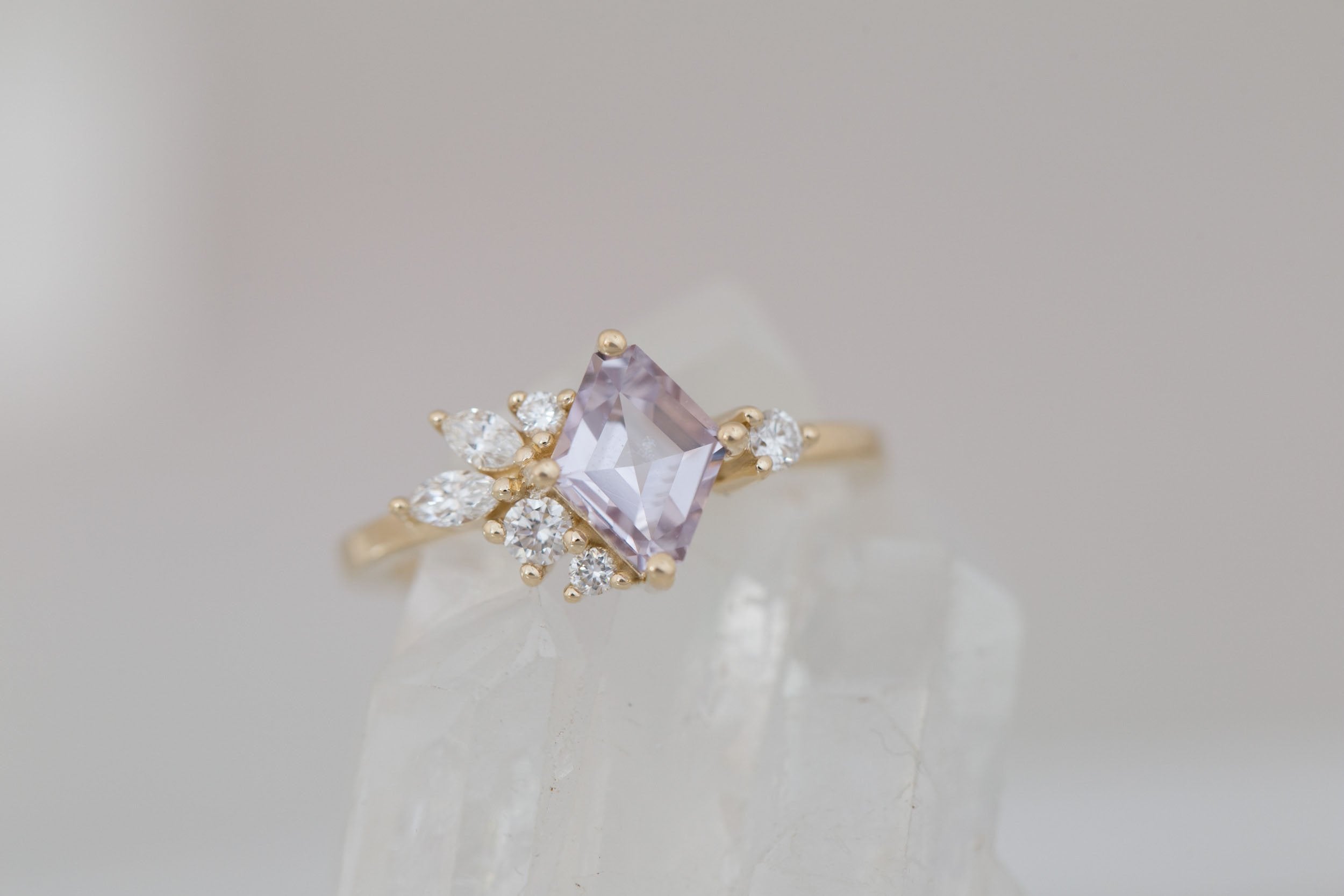Alden Ring | Lavender Sapphire Rhombus + Diamond Cluster Engagement Ring 1.24 ct | 14k Recycled Gold | One of a Kind