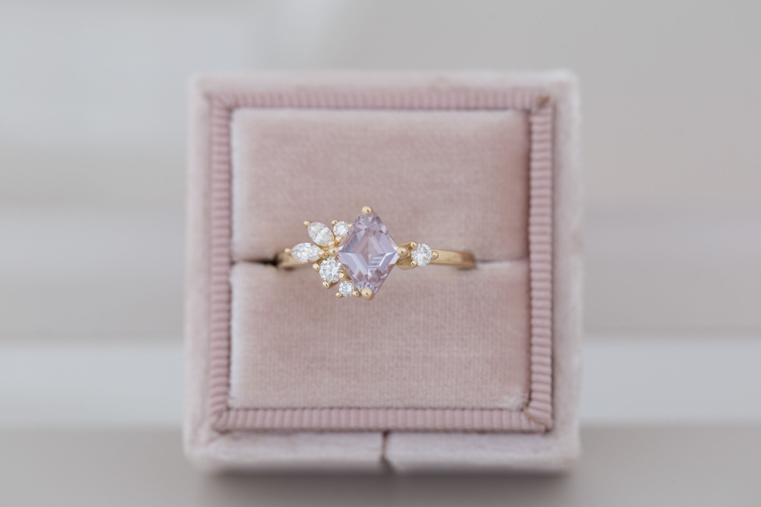 Alden Ring | Lavender Sapphire Rhombus + Diamond Cluster Engagement Ring 1.24 ct | 14k Recycled Gold | One of a Kind
