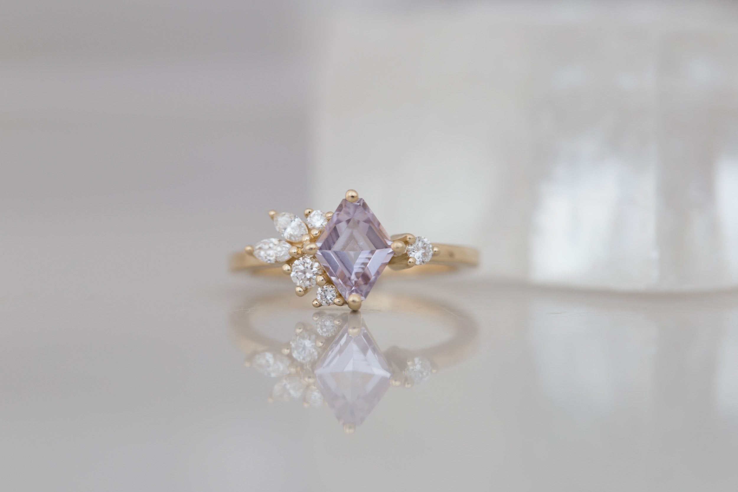 Alden Ring | Lavender Sapphire Rhombus + Diamond Cluster Engagement Ring 1.24 ct | 14k Recycled Gold | One of a Kind