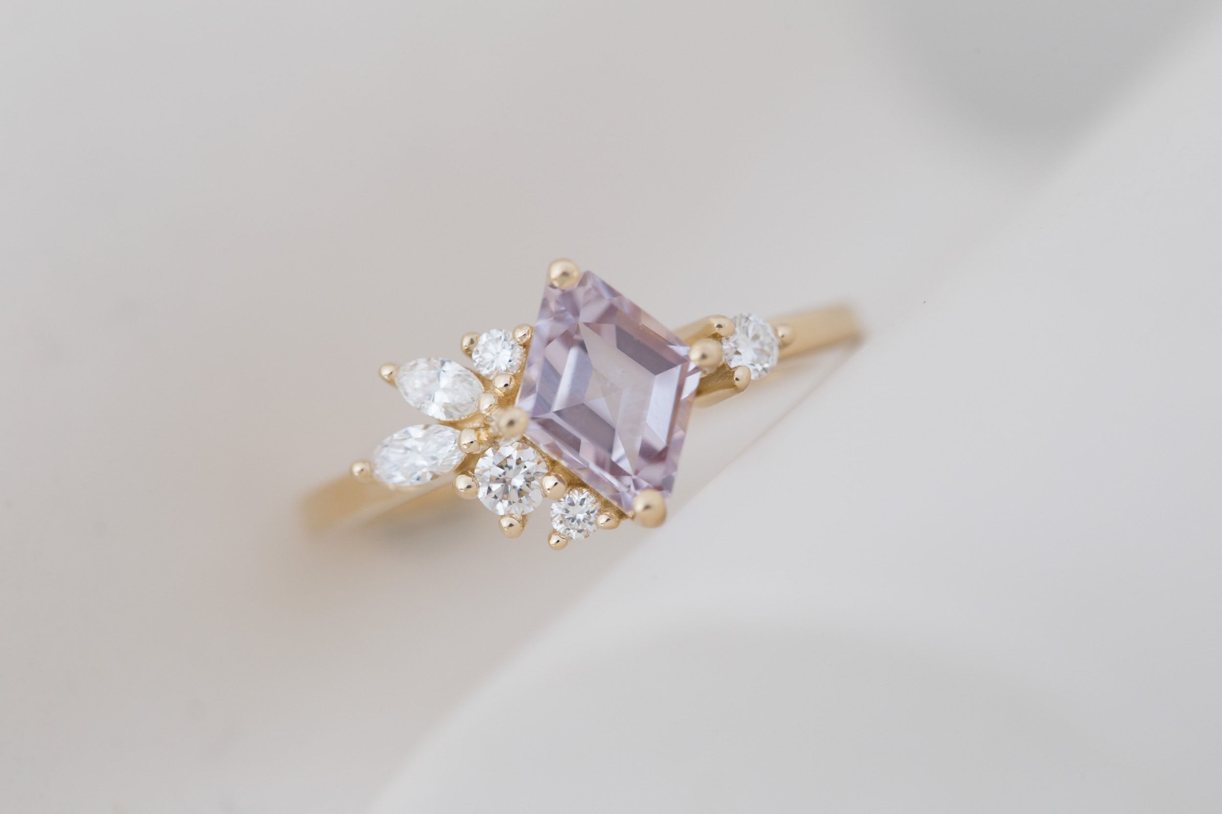 Alden Ring | Lavender Sapphire Rhombus + Diamond Cluster Engagement Ring 1.24 ct | 14k Recycled Gold | One of a Kind