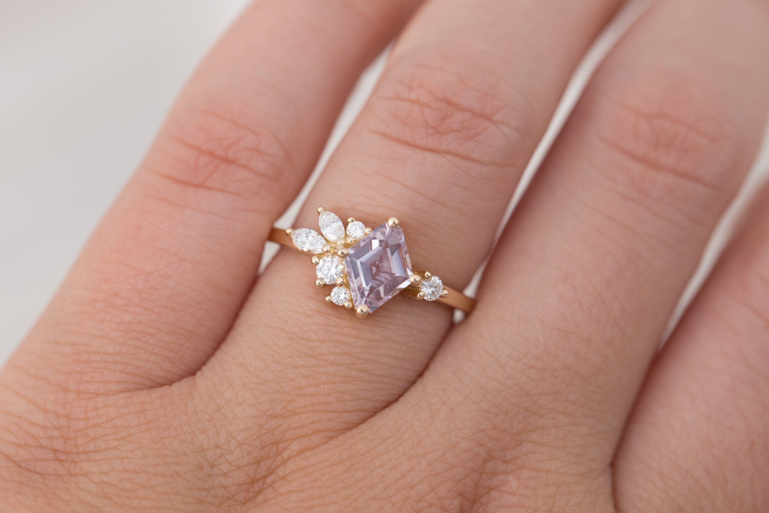 Alden Ring | Lavender Sapphire Rhombus + Diamond Cluster Engagement Ring 1.24 ct | 14k Recycled Gold | One of a Kind