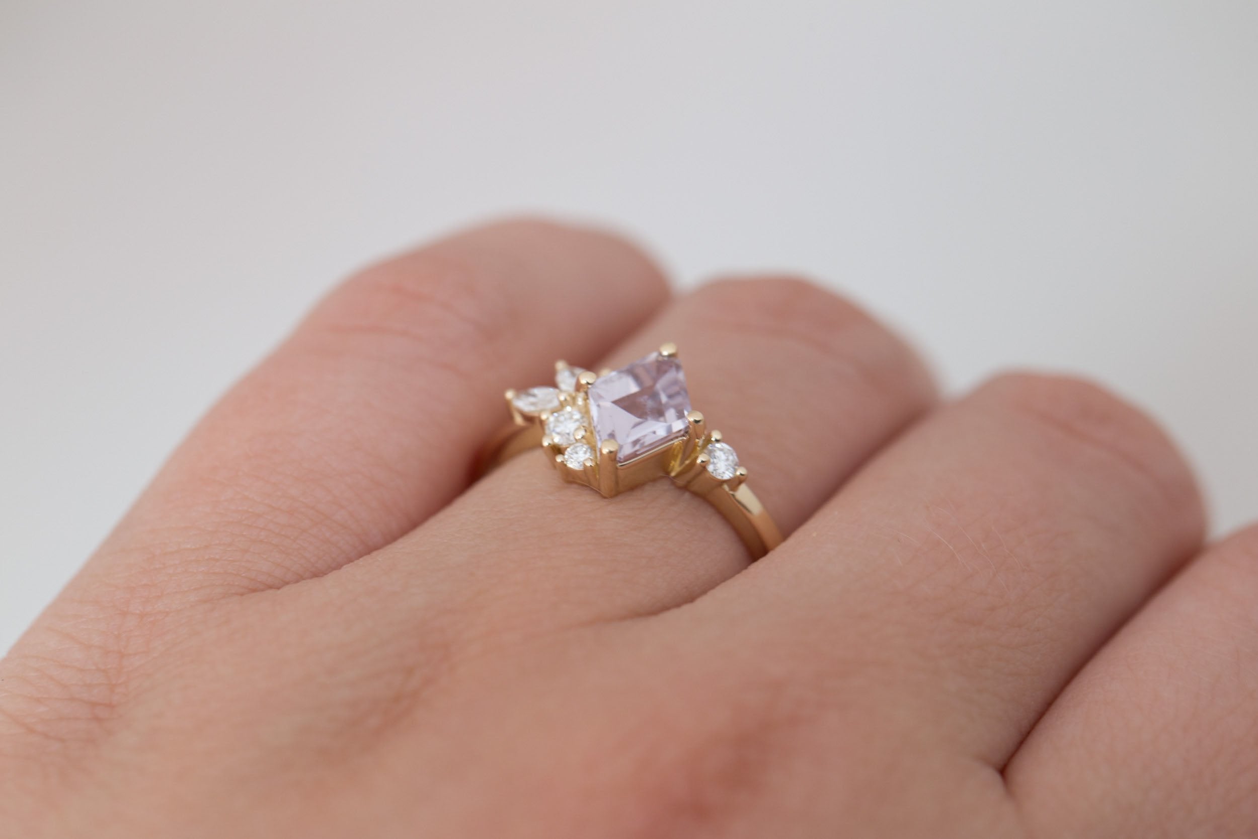 Alden Ring | Lavender Sapphire Rhombus + Diamond Cluster Engagement Ring 1.24 ct | 14k Recycled Gold | One of a Kind