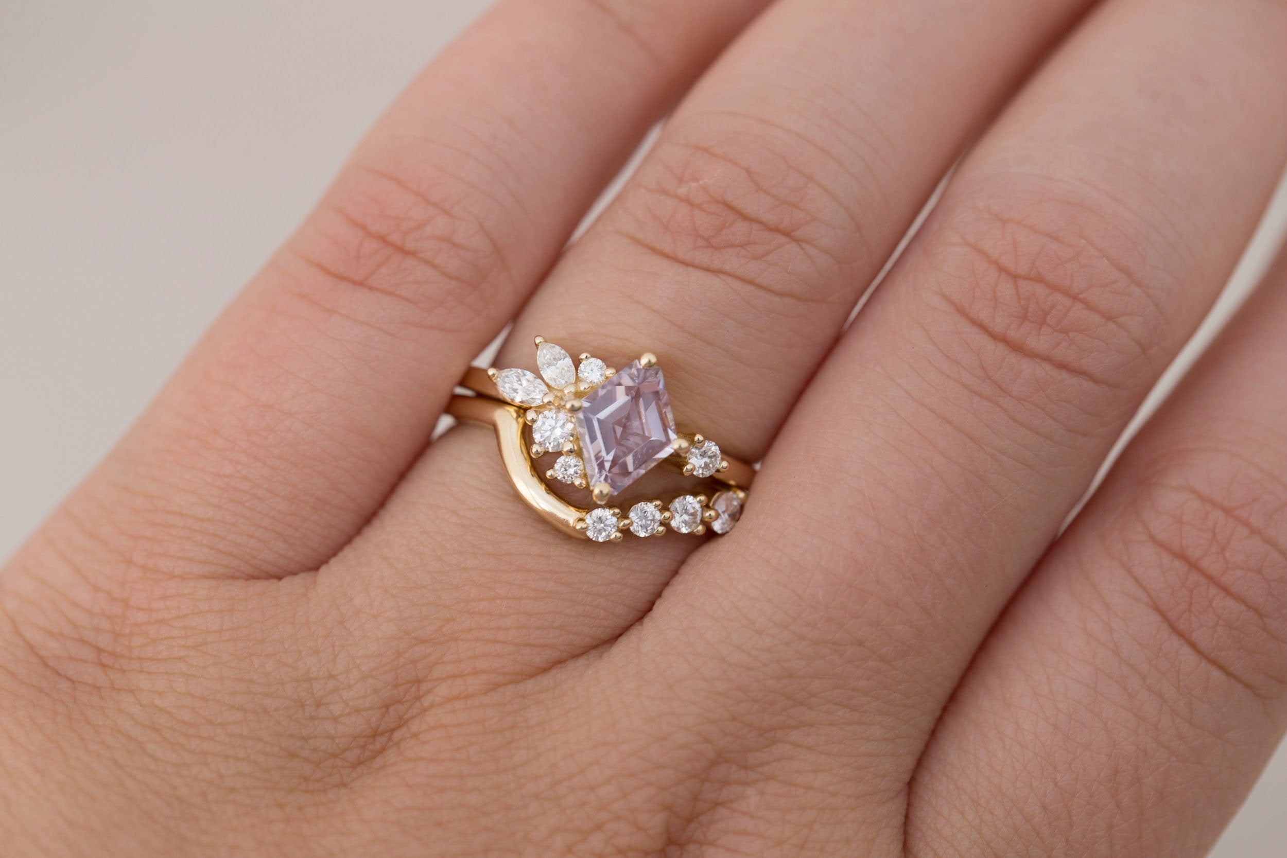 Alden Ring | Lavender Sapphire Rhombus + Diamond Cluster Engagement Ring 1.24 ct | 14k Recycled Gold | One of a Kind