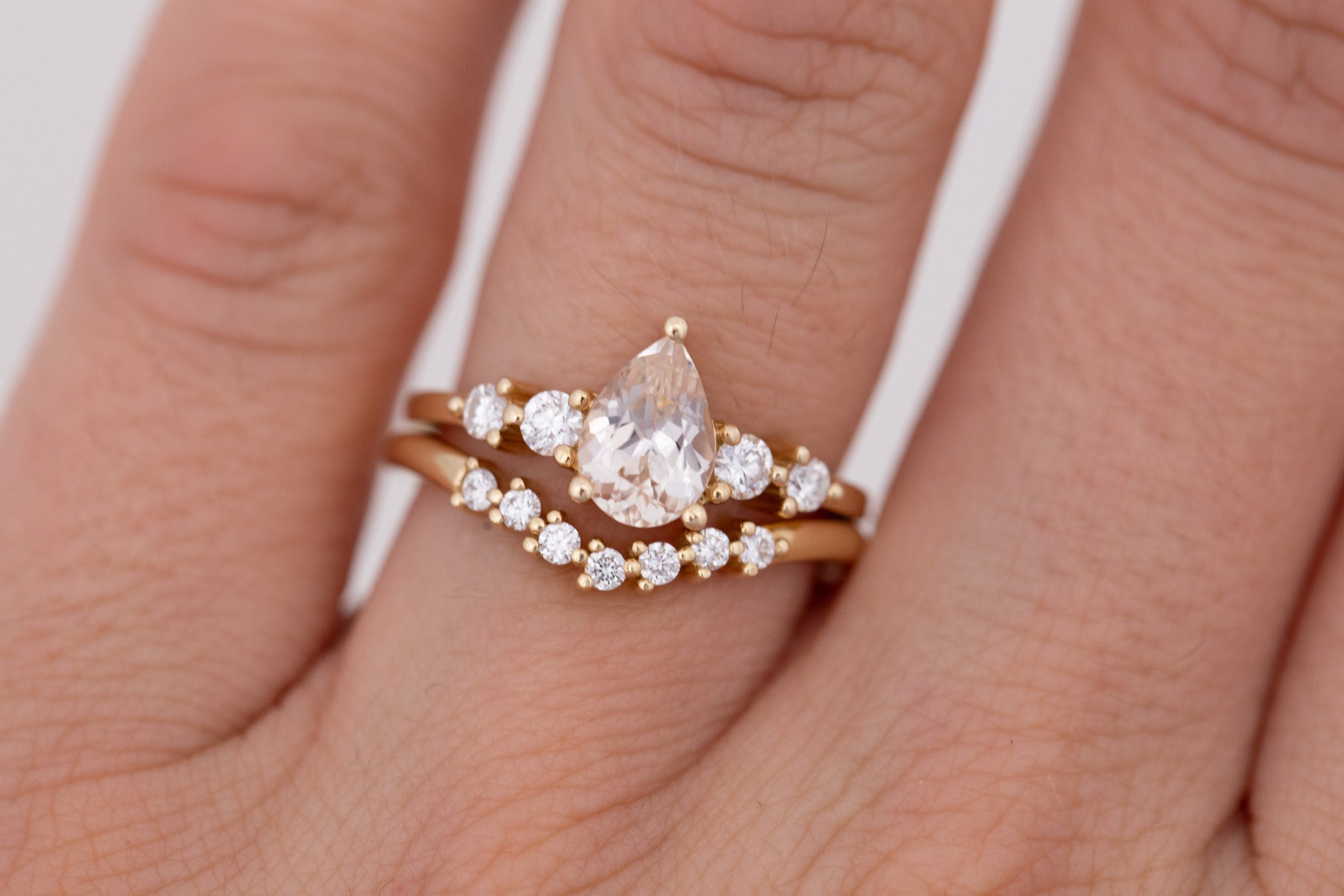 Arbor Ring | Icy Blush Pear Sapphire + Round Diamond Accent Engagement Ring 1.24 ct | 14k Recycled Gold | One of a Kind