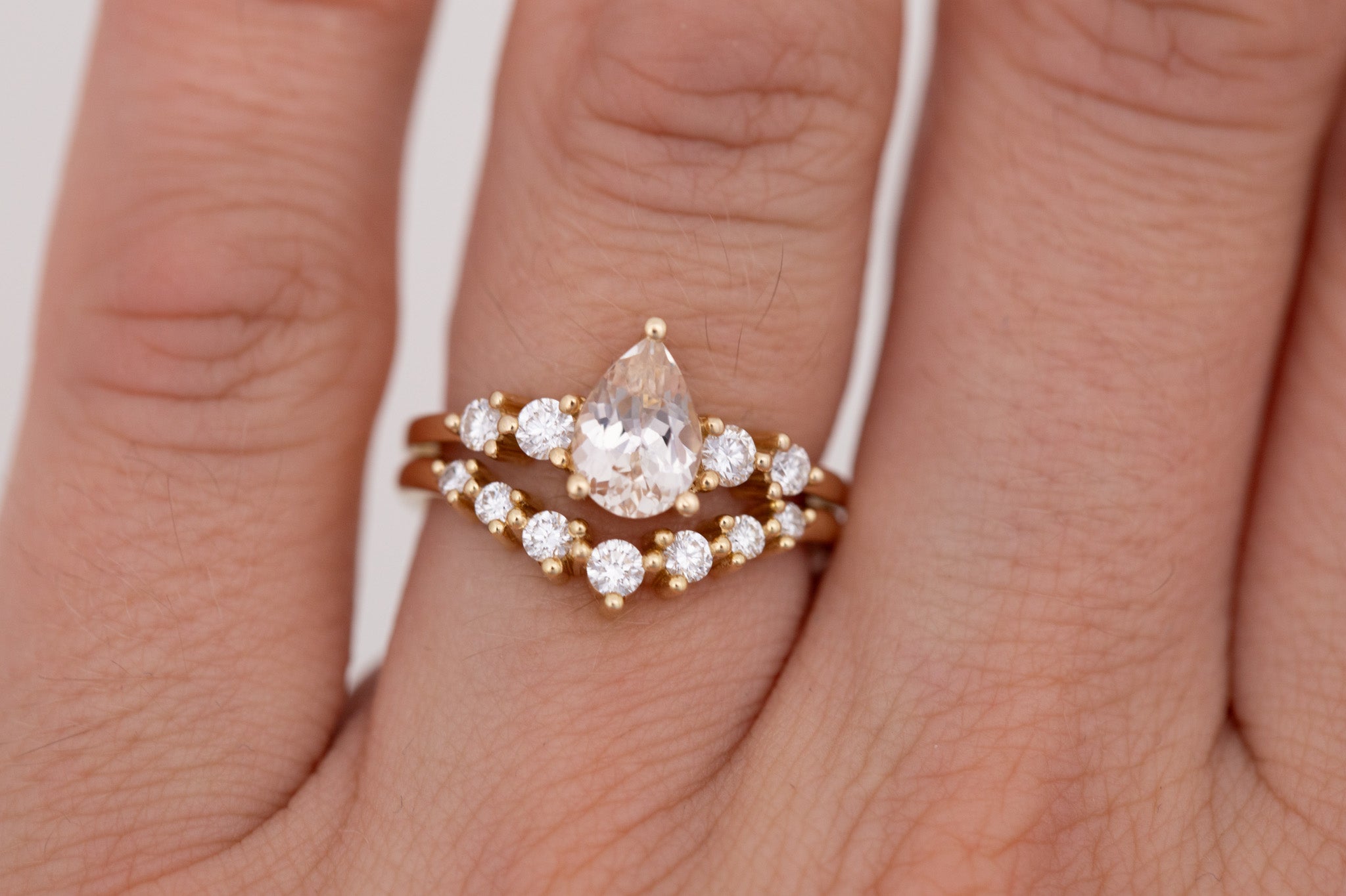 Arbor Ring | Icy Blush Pear Sapphire + Round Diamond Accent Engagement Ring 1.24 ct | 14k Recycled Gold | One of a Kind