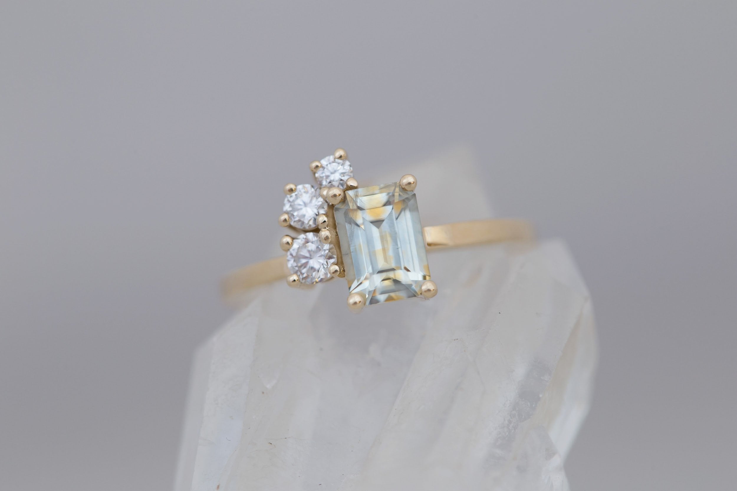 Adra Ring | Bicolor Emerald Cut Sapphire + Diamond Cluster Engagement Ring 1.25 ct | 14k Recycled Gold | One of a Kind
