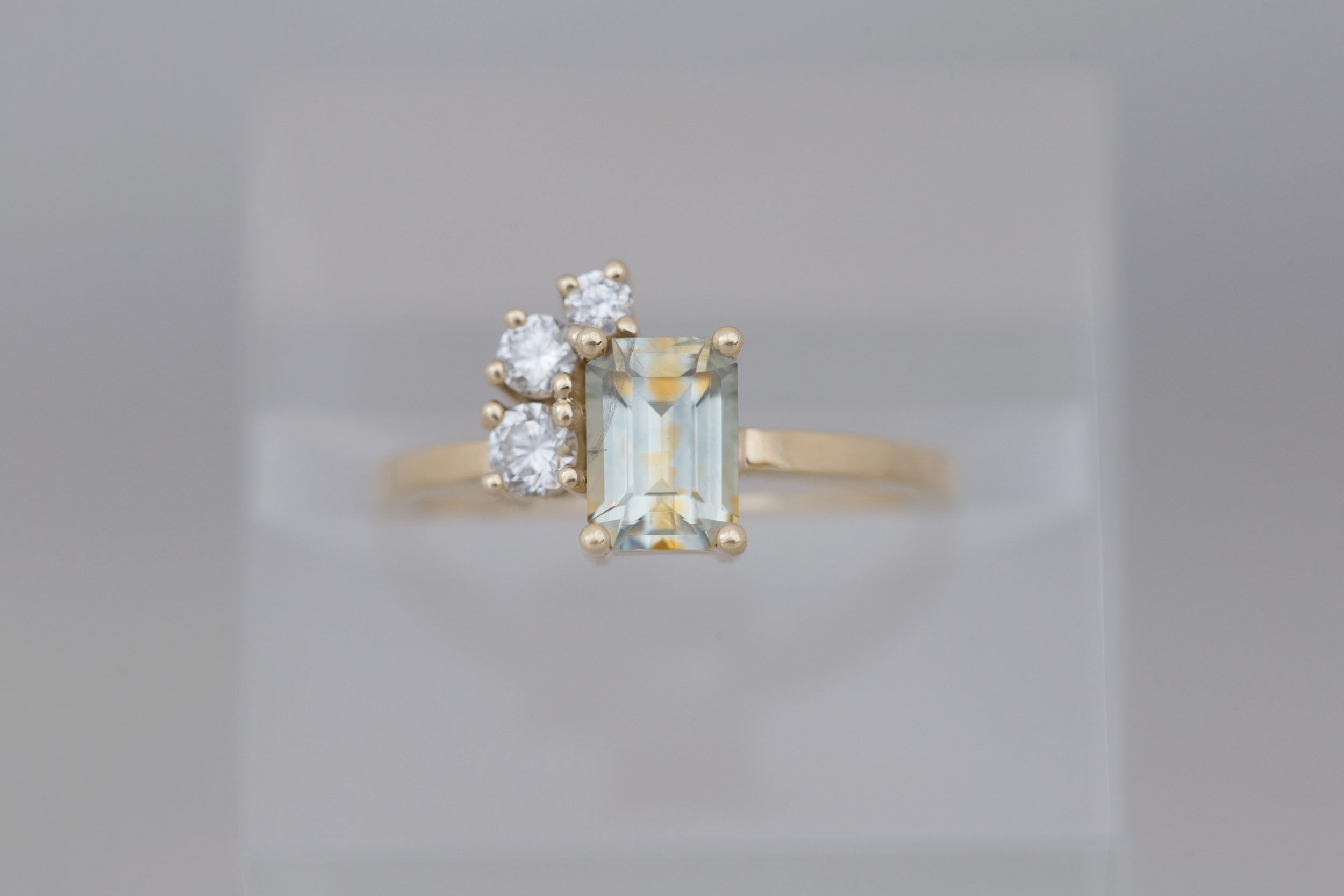Adra Ring | Bicolor Emerald Cut Sapphire + Diamond Cluster Engagement Ring 1.25 ct | 14k Recycled Gold | One of a Kind