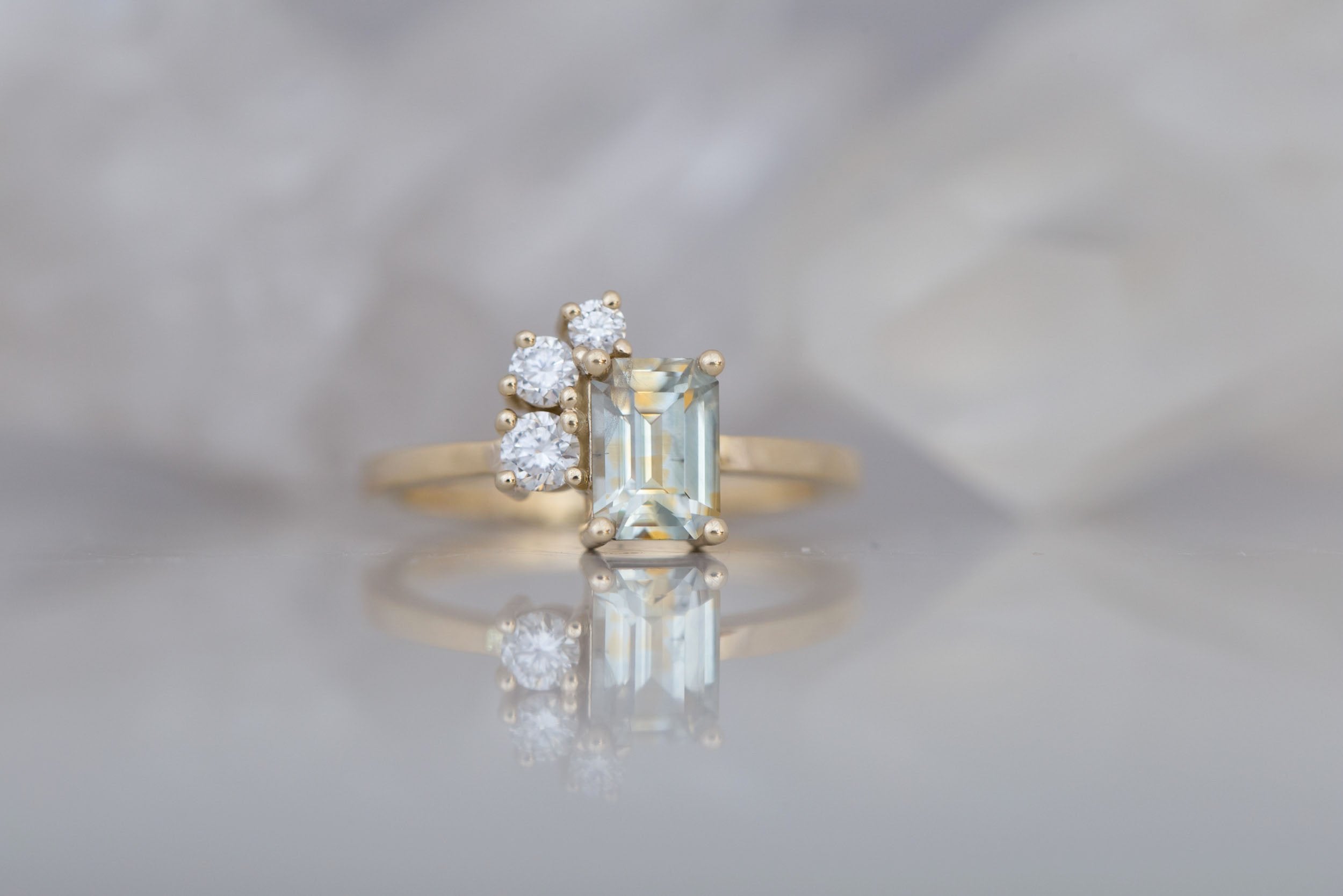 Adra Ring | Bicolor Emerald Cut Sapphire + Diamond Cluster Engagement Ring 1.25 ct | 14k Recycled Gold | One of a Kind