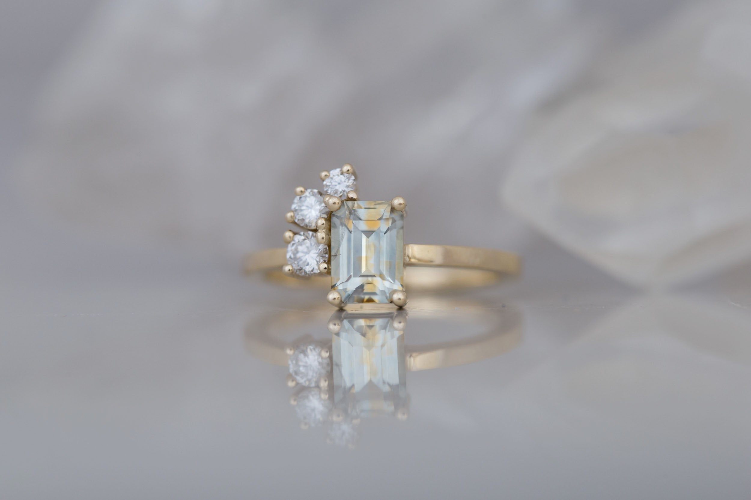 Adra Ring | Bicolor Emerald Cut Sapphire + Diamond Cluster Engagement Ring 1.25 ct | 14k Recycled Gold | One of a Kind