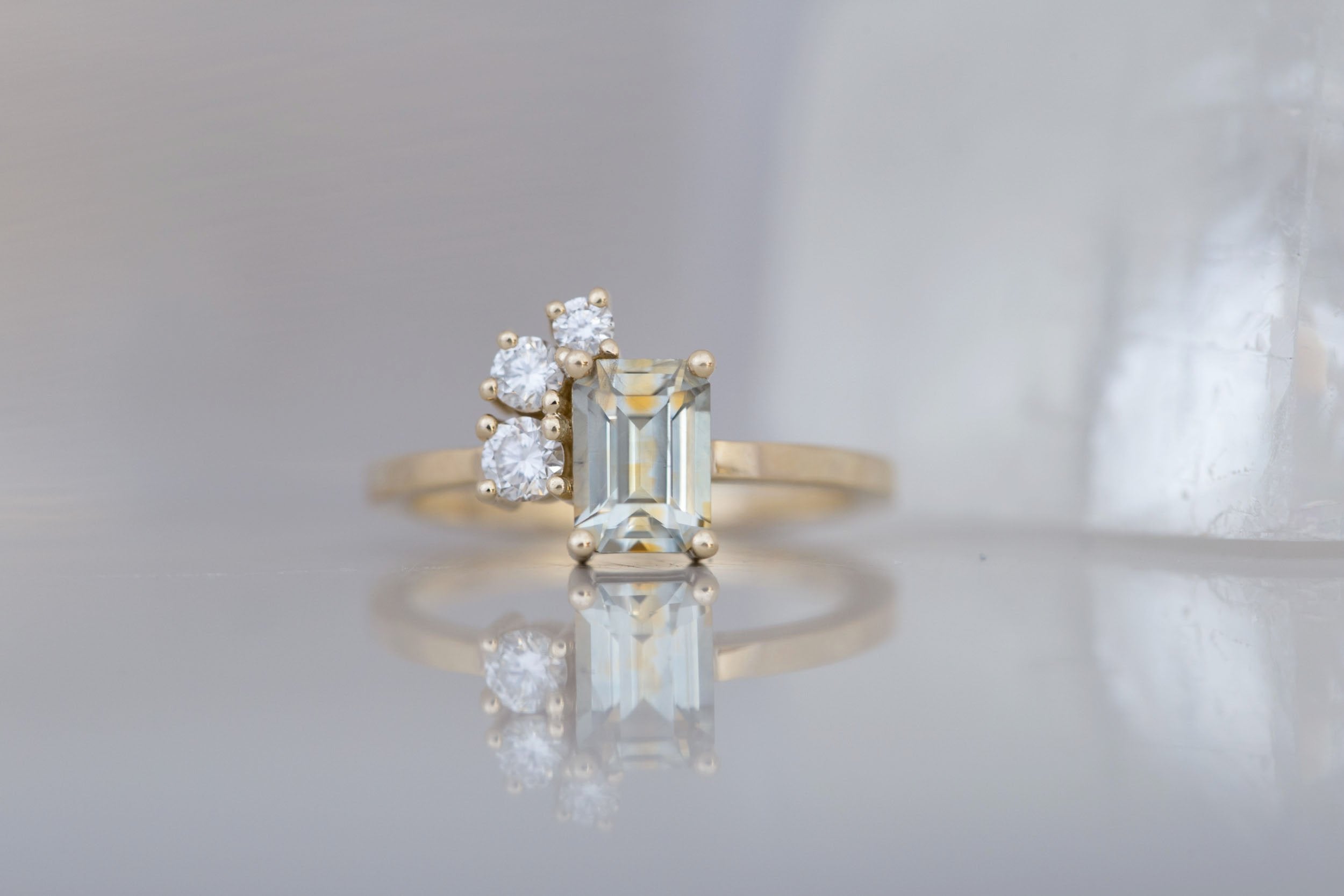 Adra Ring | Bicolor Emerald Cut Sapphire + Diamond Cluster Engagement Ring 1.25 ct | 14k Recycled Gold | One of a Kind