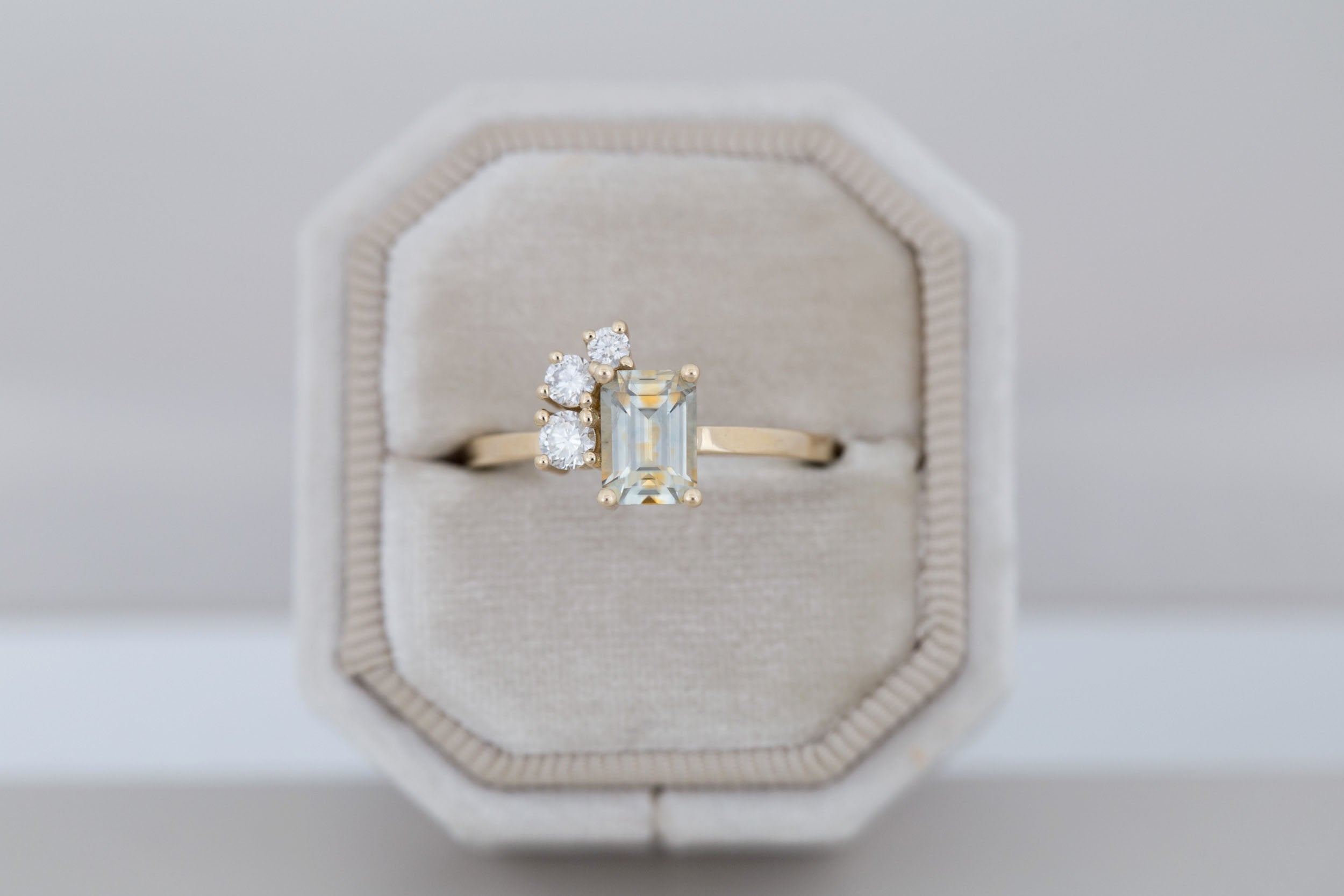 Adra Ring | Bicolor Emerald Cut Sapphire + Diamond Cluster Engagement Ring 1.25 ct | 14k Recycled Gold | One of a Kind
