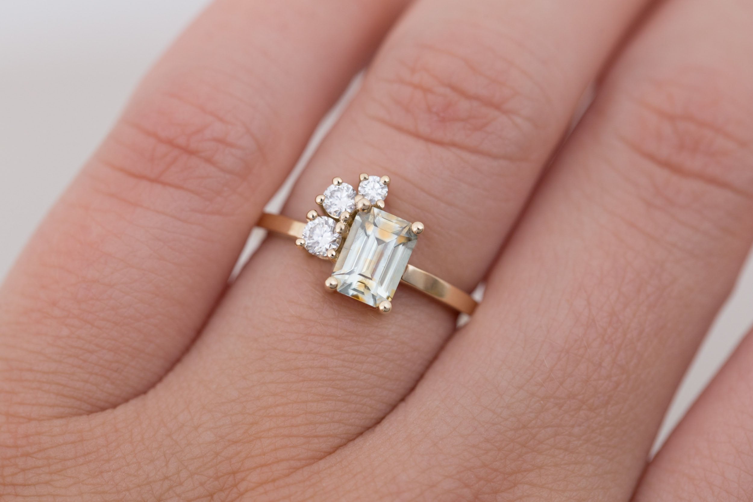 Adra Ring | Bicolor Emerald Cut Sapphire + Diamond Cluster Engagement Ring 1.25 ct | 14k Recycled Gold | One of a Kind