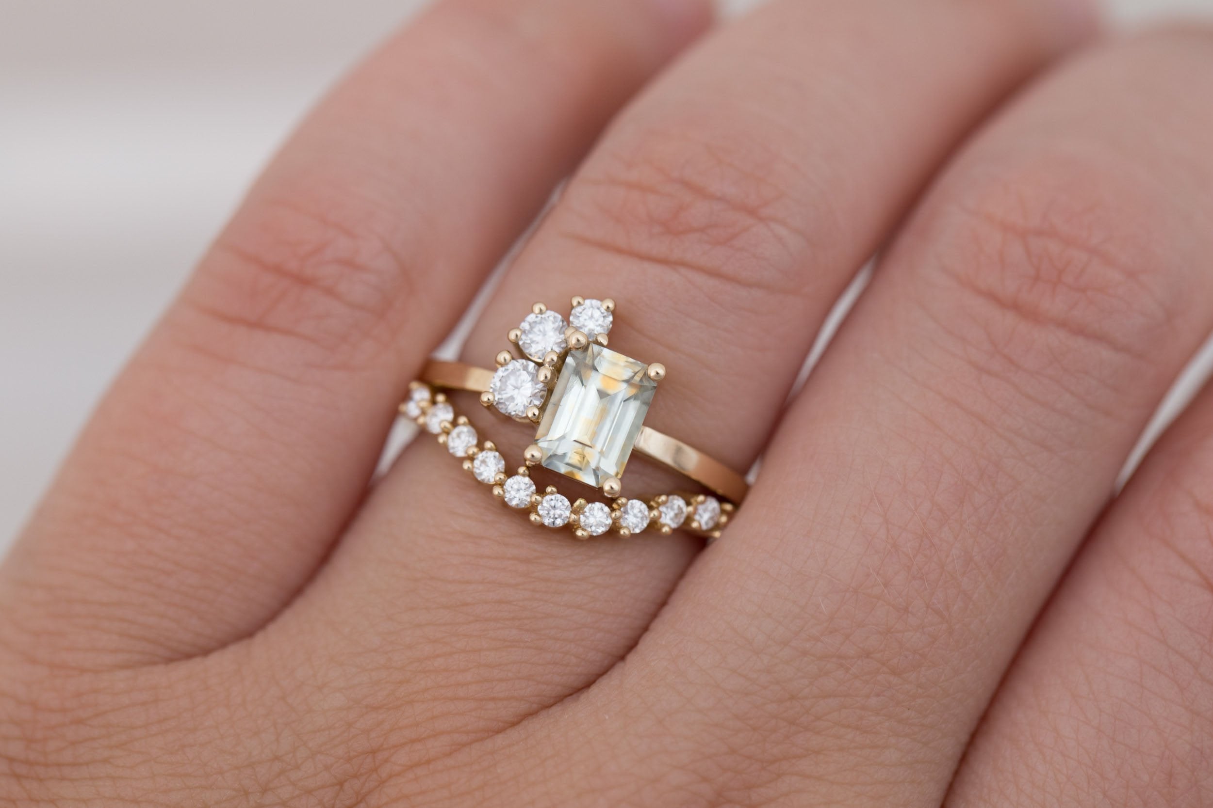 Adra Ring | Bicolor Emerald Cut Sapphire + Diamond Cluster Engagement Ring 1.25 ct | 14k Recycled Gold | One of a Kind