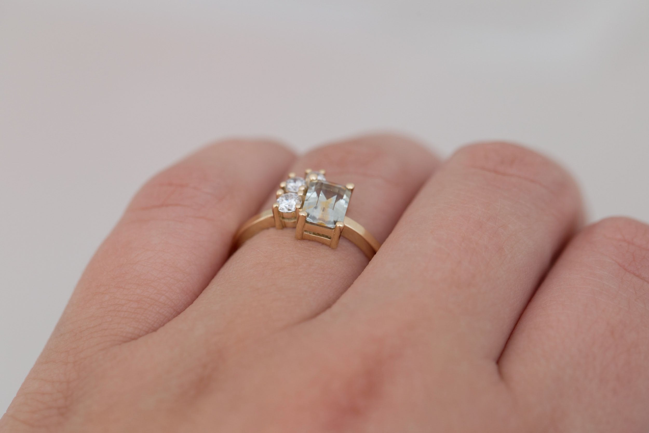 Adra Ring | Bicolor Emerald Cut Sapphire + Diamond Cluster Engagement Ring 1.25 ct | 14k Recycled Gold | One of a Kind