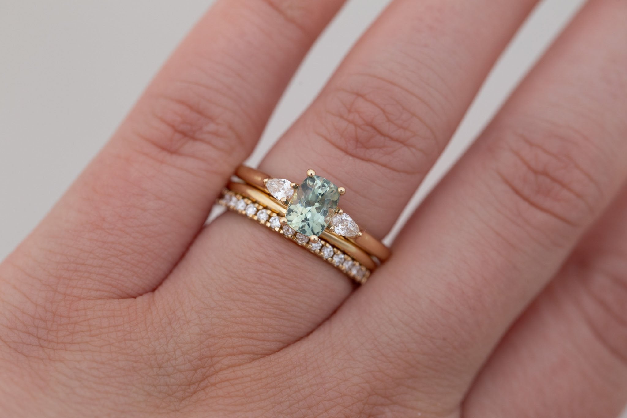 Iris Ring | Green Cushion Cut Sapphire + Pear Diamond Accent Engagement Ring 1.26 ct | 14k Recycled Gold | One of a Kind