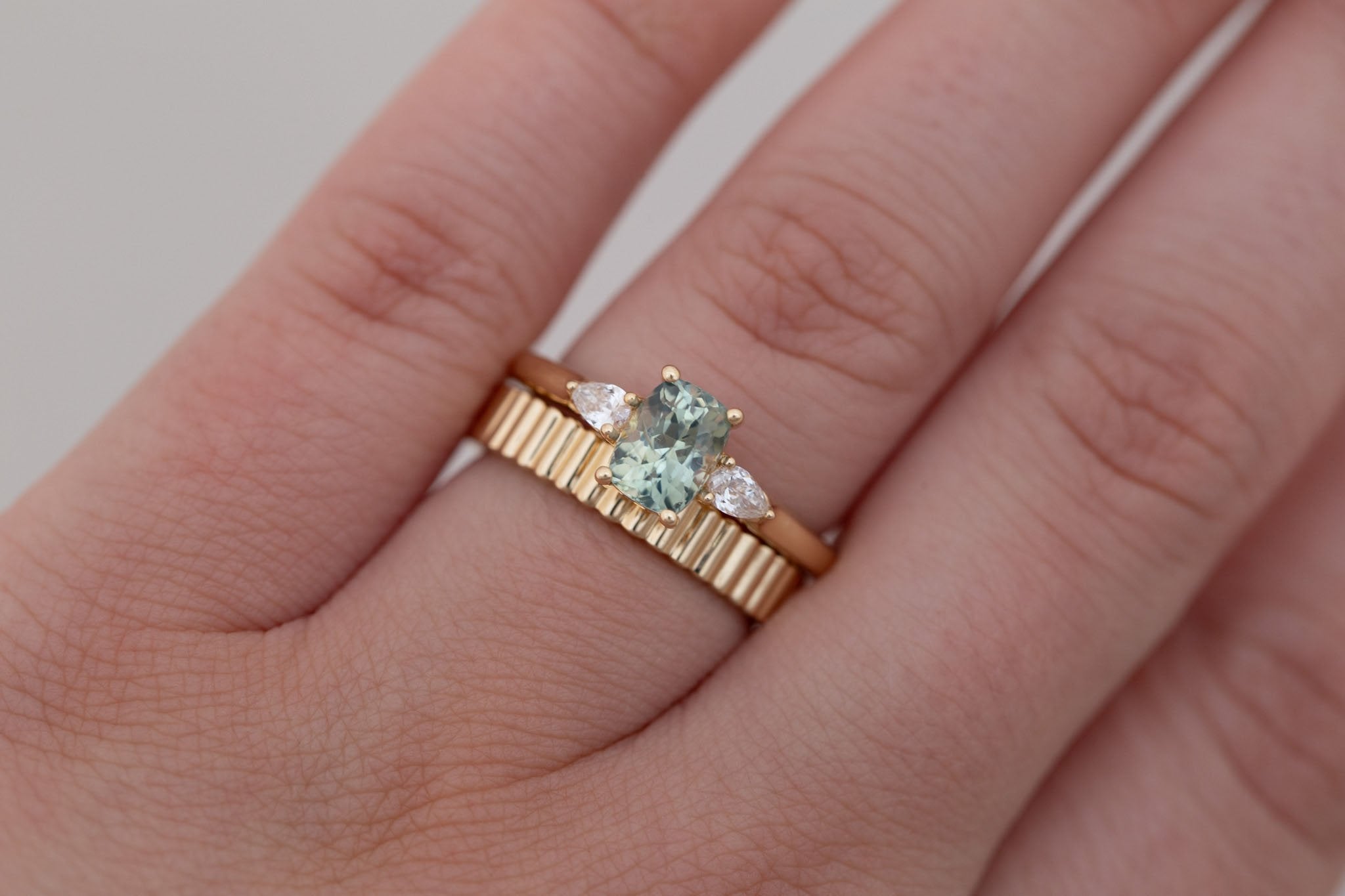 Iris Ring | Green Cushion Cut Sapphire + Pear Diamond Accent Engagement Ring 1.26 ct | 14k Recycled Gold | One of a Kind