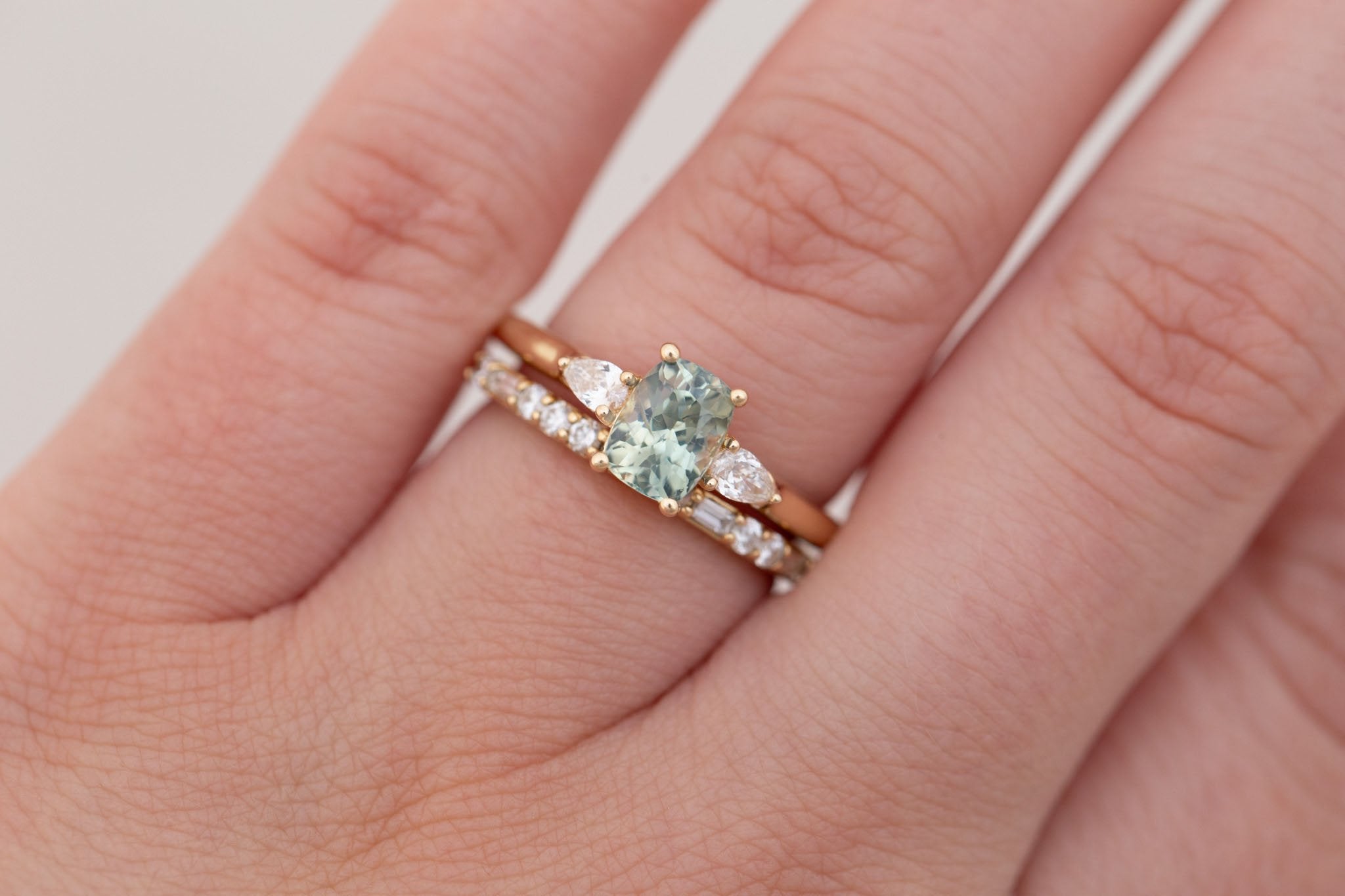 Iris Ring | Green Cushion Cut Sapphire + Pear Diamond Accent Engagement Ring 1.26 ct | 14k Recycled Gold | One of a Kind