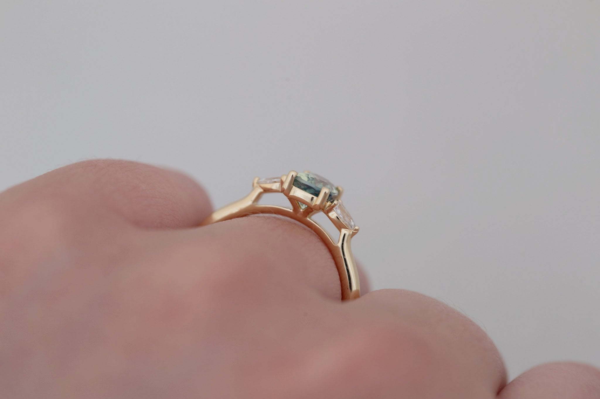 Iris Ring | Green Cushion Cut Sapphire + Pear Diamond Accent Engagement Ring 1.26 ct | 14k Recycled Gold | One of a Kind