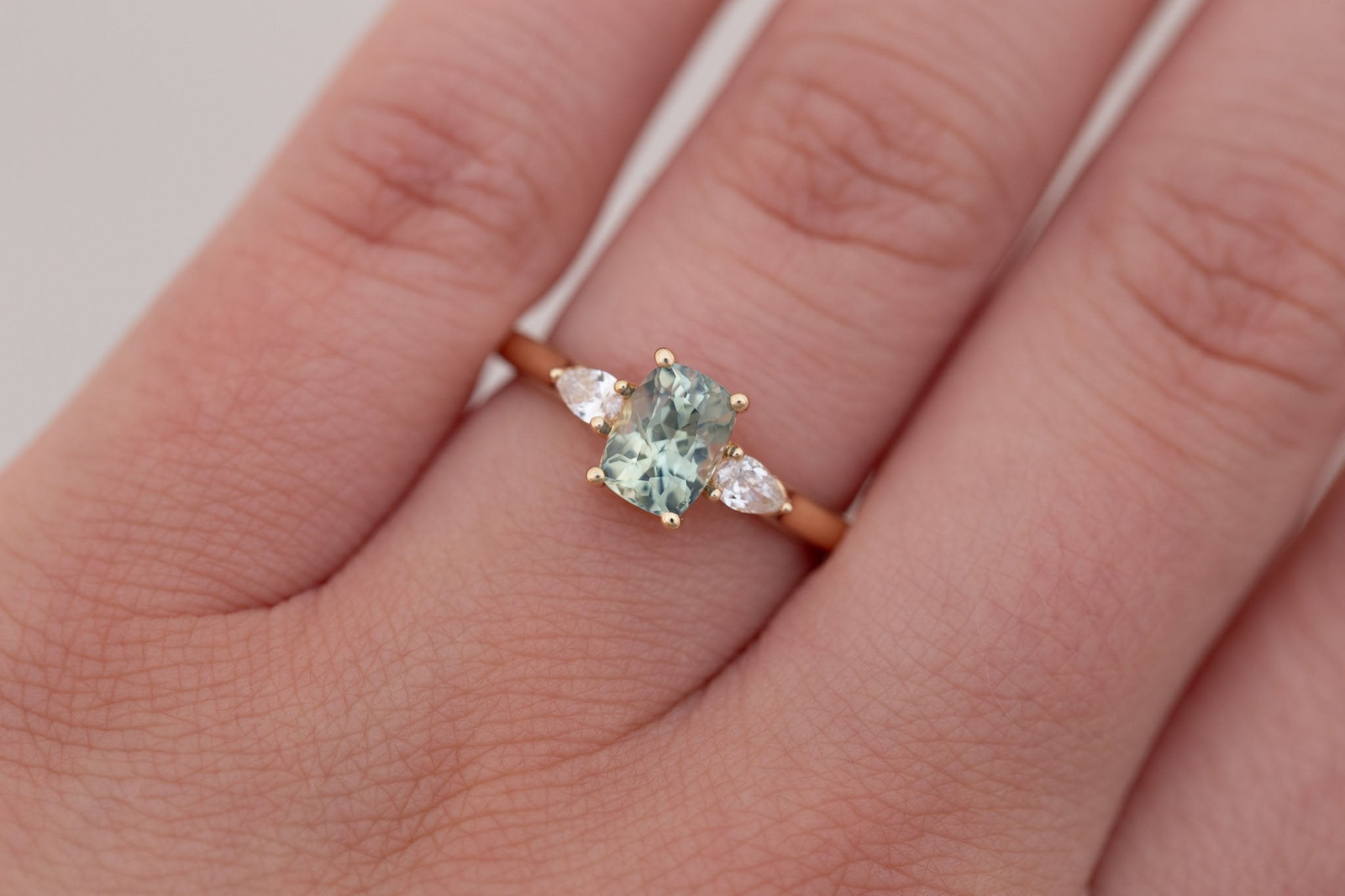 Iris Ring | Green Cushion Cut Sapphire + Pear Diamond Accent Engagement Ring 1.26 ct | 14k Recycled Gold | One of a Kind