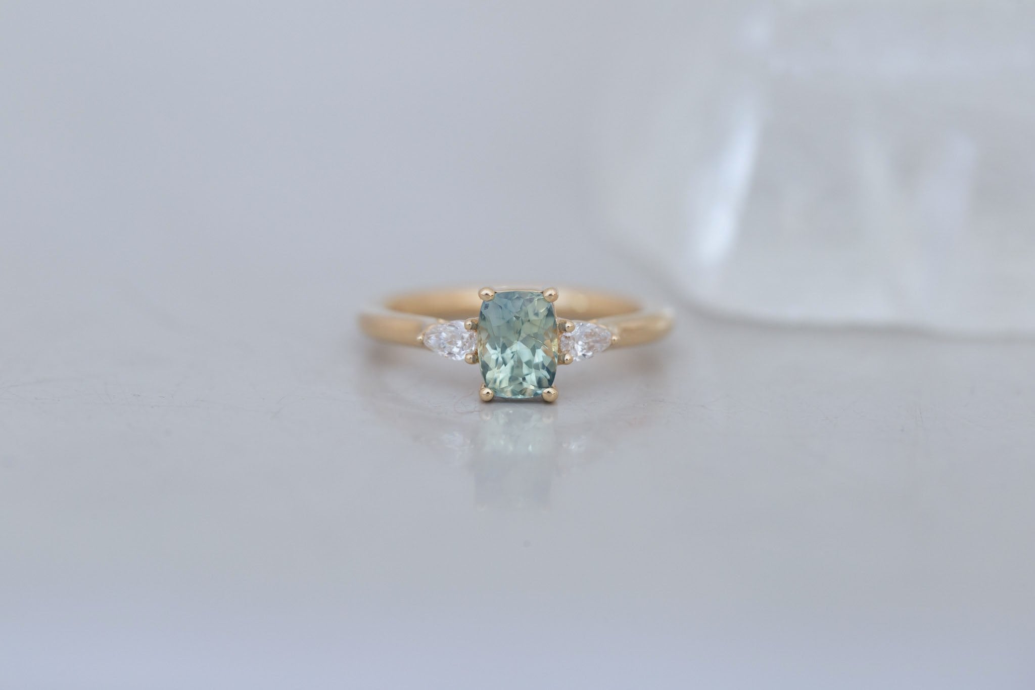 Iris Ring | Green Cushion Cut Sapphire + Pear Diamond Accent Engagement Ring 1.26 ct | 14k Recycled Gold | One of a Kind