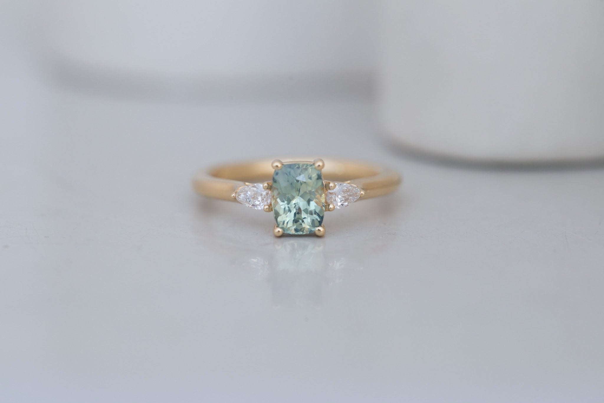 Iris Ring | Green Cushion Cut Sapphire + Pear Diamond Accent Engagement Ring 1.26 ct | 14k Recycled Gold | One of a Kind
