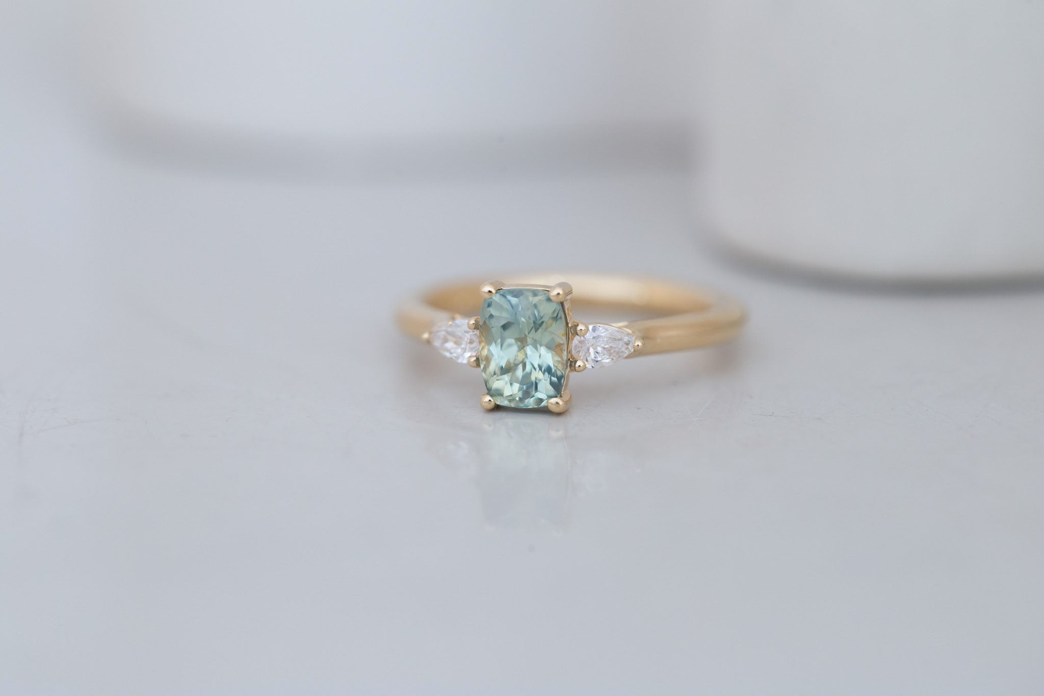 Iris Ring | Green Cushion Cut Sapphire + Pear Diamond Accent Engagement Ring 1.26 ct | 14k Recycled Gold | One of a Kind