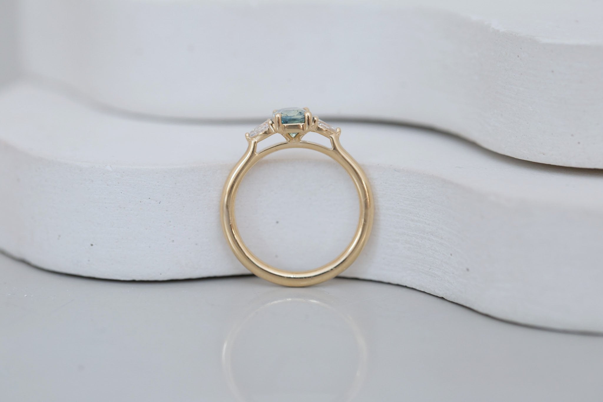 Iris Ring | Green Cushion Cut Sapphire + Pear Diamond Accent Engagement Ring 1.26 ct | 14k Recycled Gold | One of a Kind