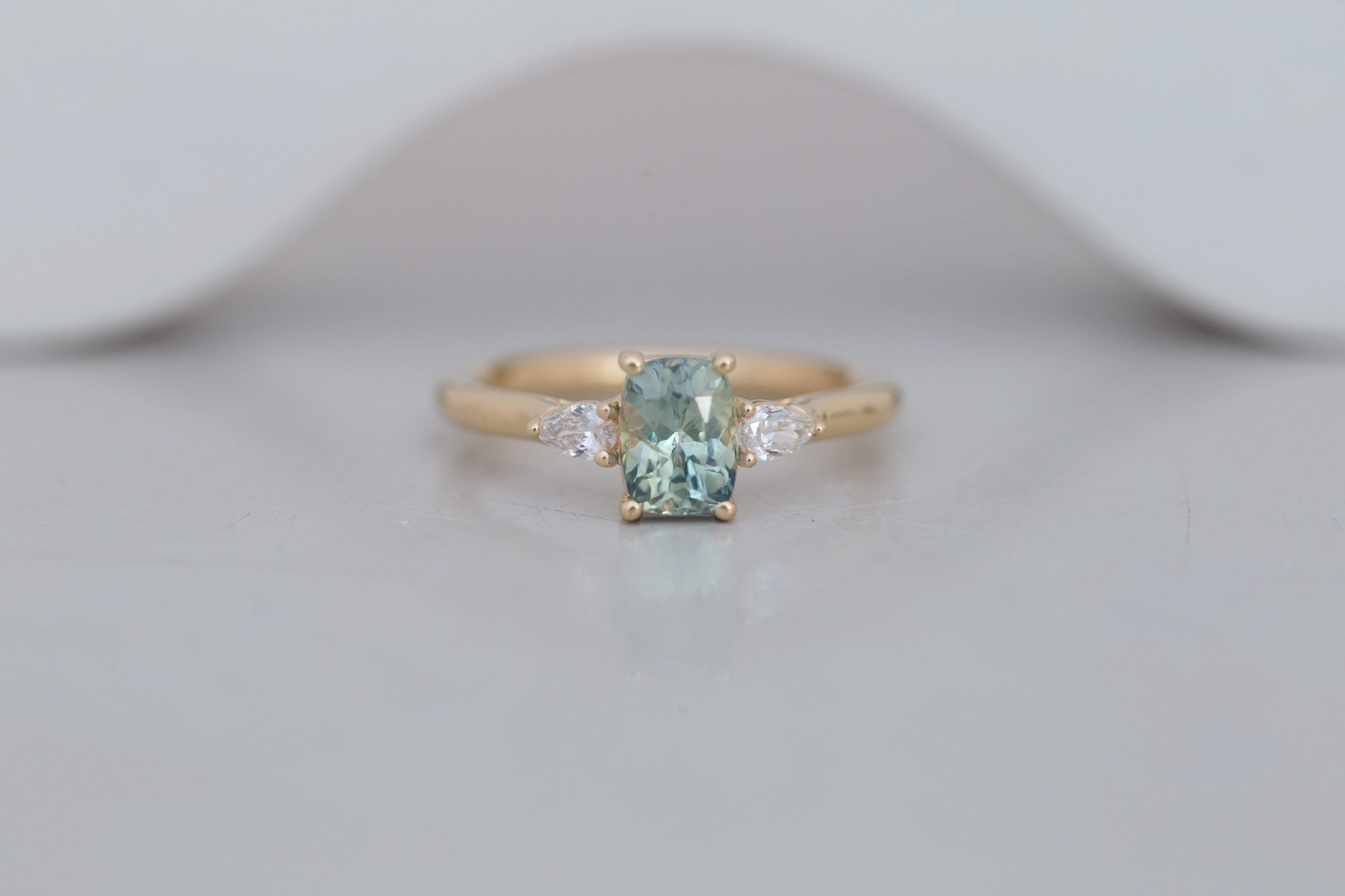 Iris Ring | Green Cushion Cut Sapphire + Pear Diamond Accent Engagement Ring 1.26 ct | 14k Recycled Gold | One of a Kind