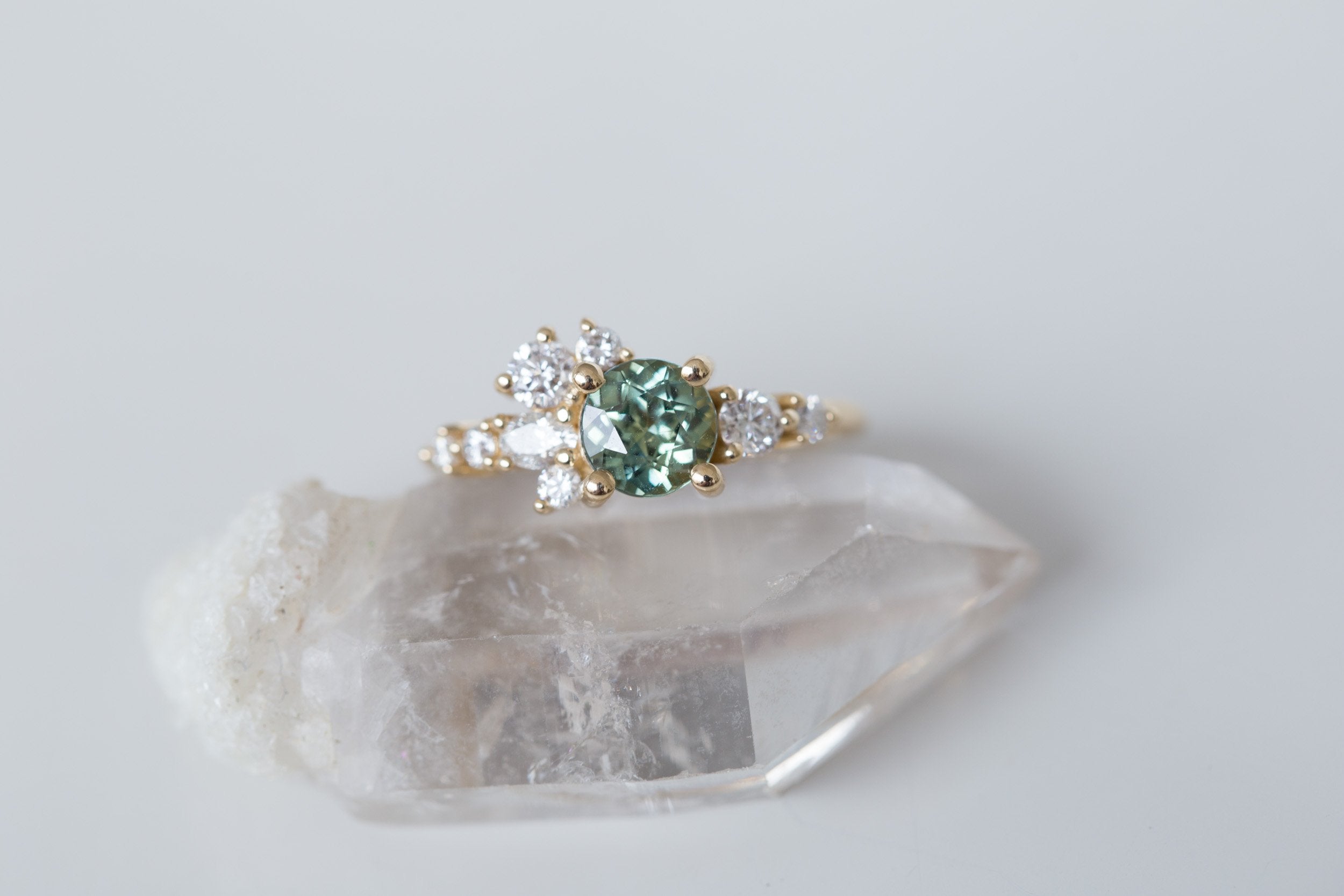 Ilia Ring | Round Green Sapphire + Diamond Cluster Engagement Ring 1.23 ct | 14k Recycled Gold | One of a Kind