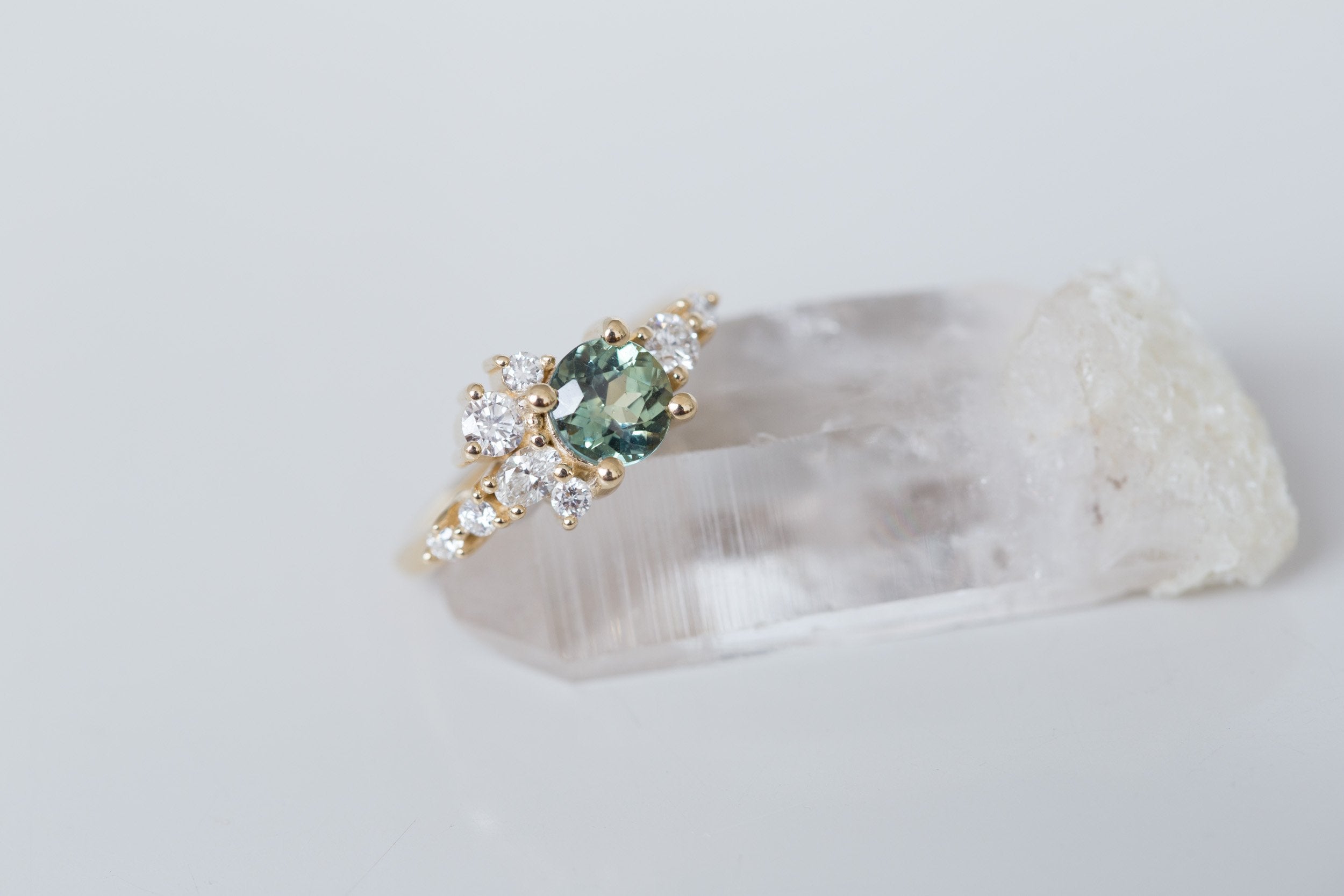 Ilia Ring | Round Green Sapphire + Diamond Cluster Engagement Ring 1.23 ct | 14k Recycled Gold | One of a Kind