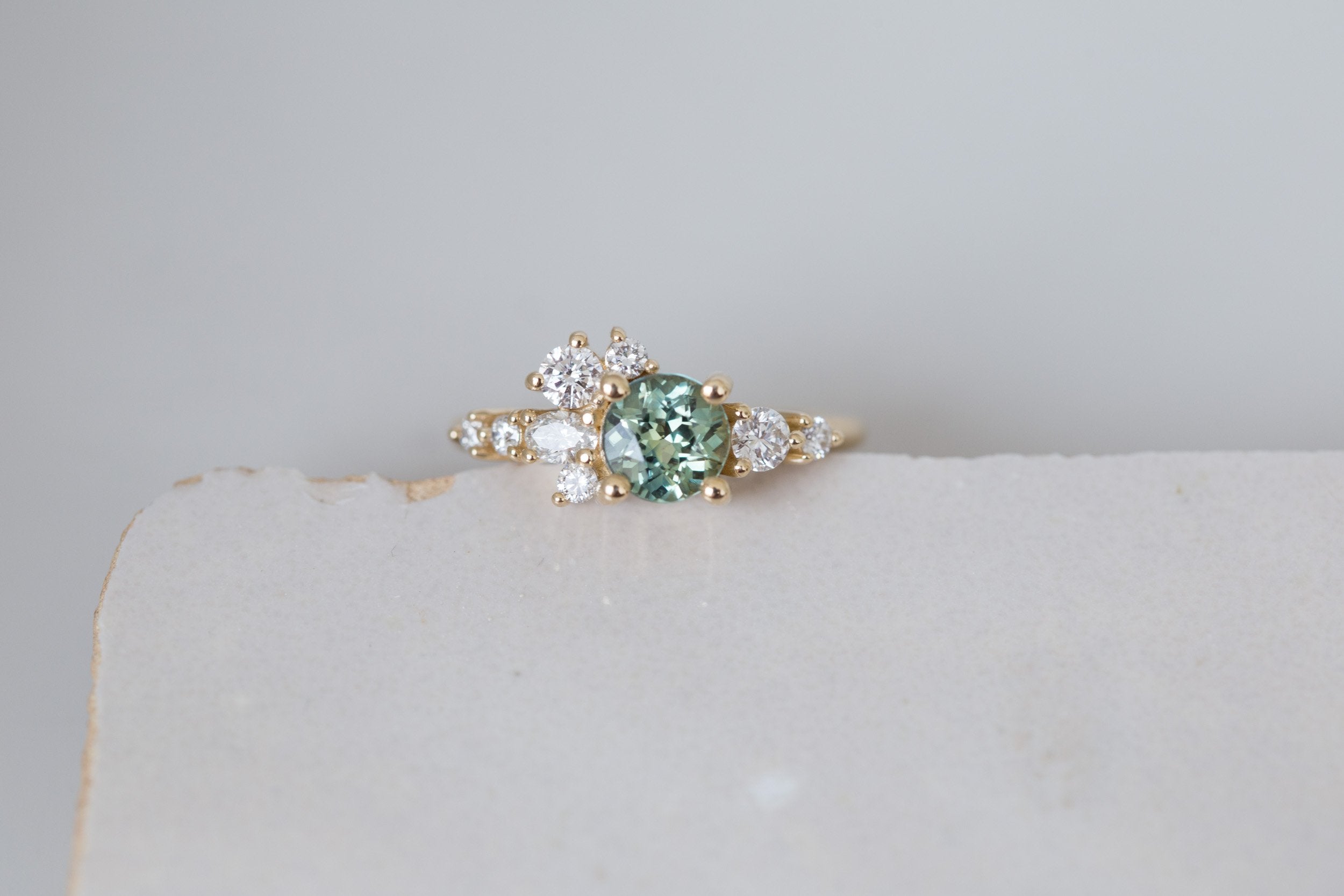 Ilia Ring | Round Green Sapphire + Diamond Cluster Engagement Ring 1.23 ct | 14k Recycled Gold | One of a Kind
