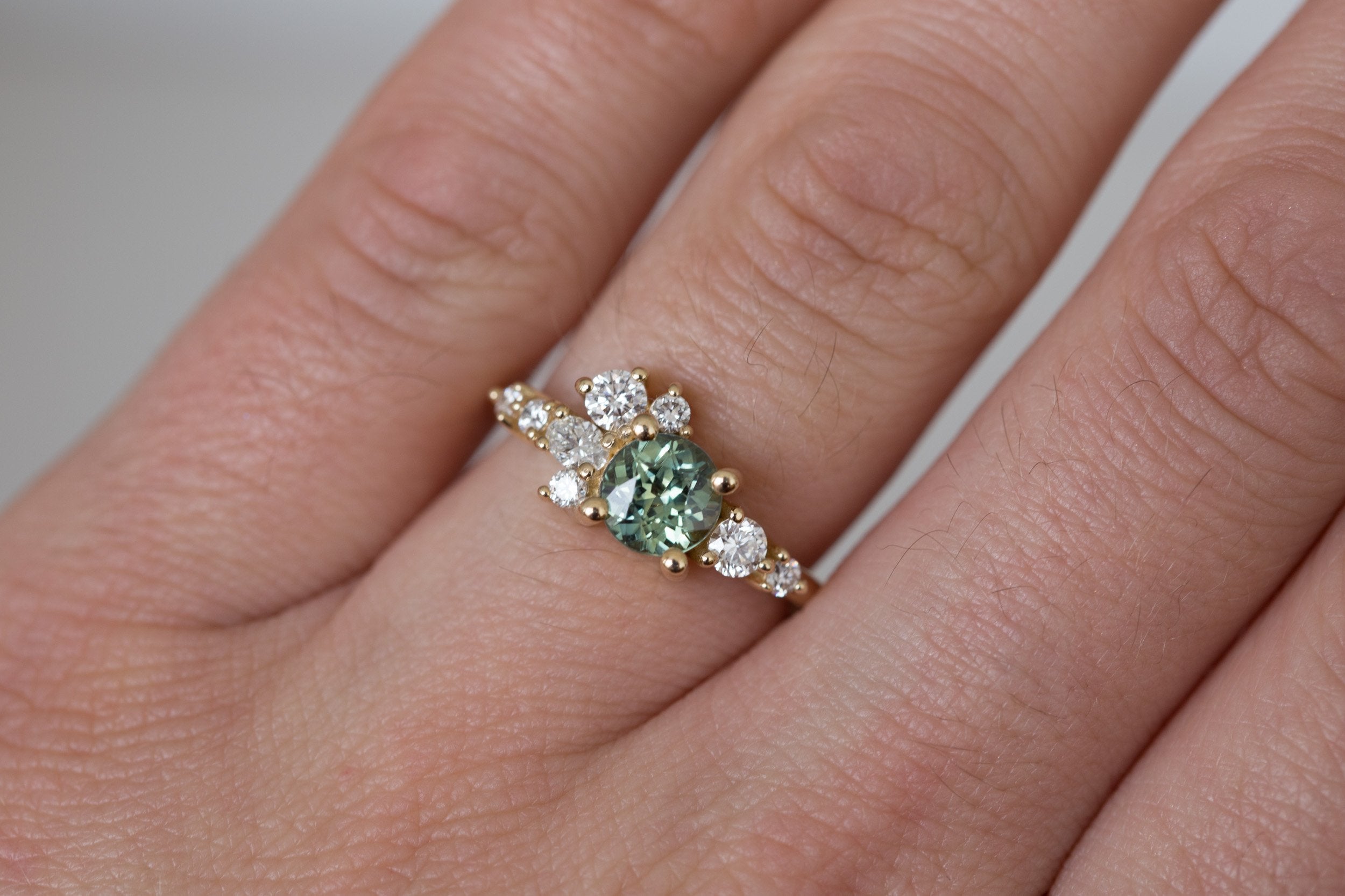 Ilia Ring | Round Green Sapphire + Diamond Cluster Engagement Ring 1.23 ct | 14k Recycled Gold | One of a Kind