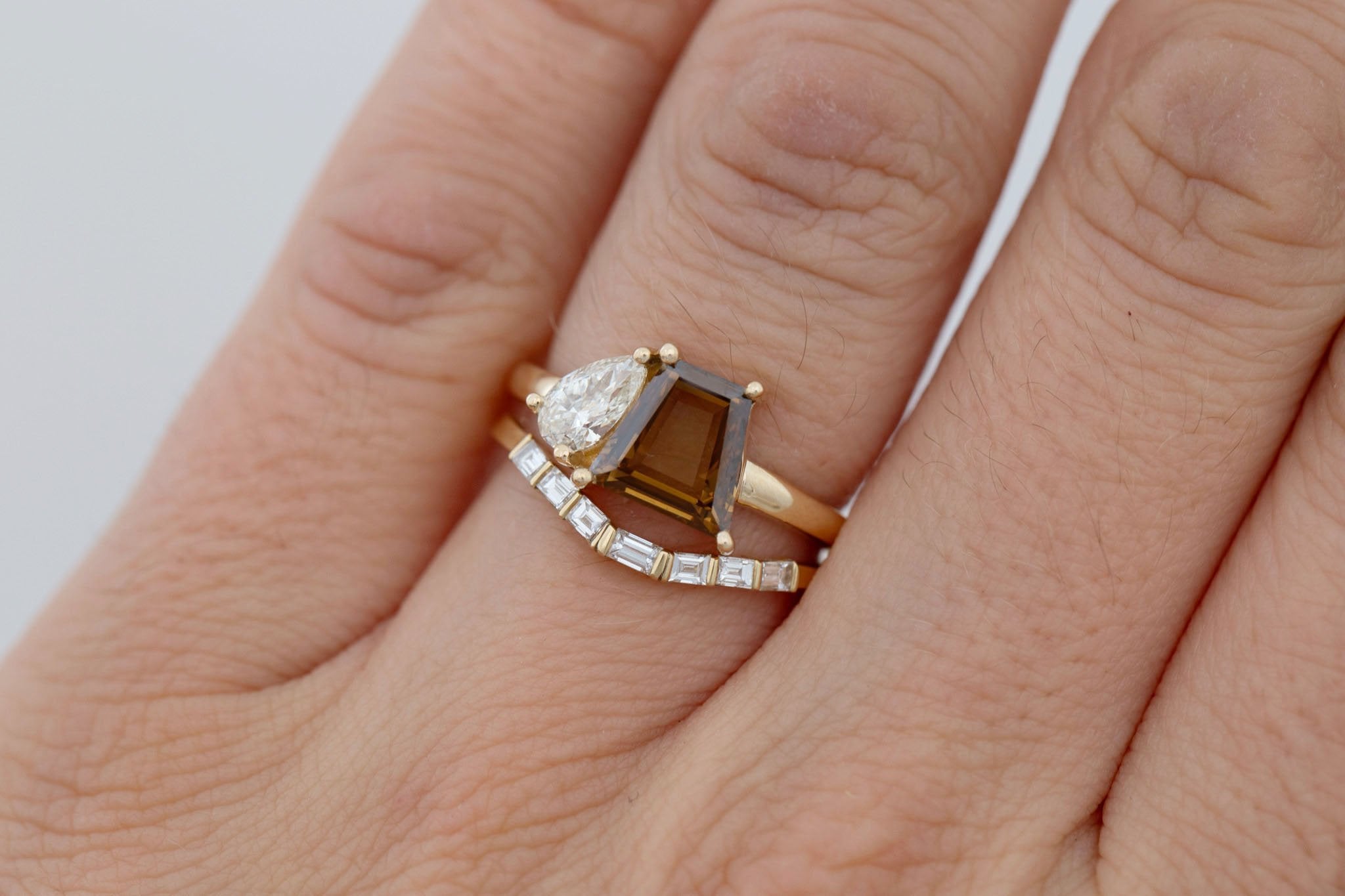 Liana Ring | Champagne Trapezoid Diamond + Pear Diamond Engagement Ring 1.27 ct | 14k Recycled Gold | One of a Kind