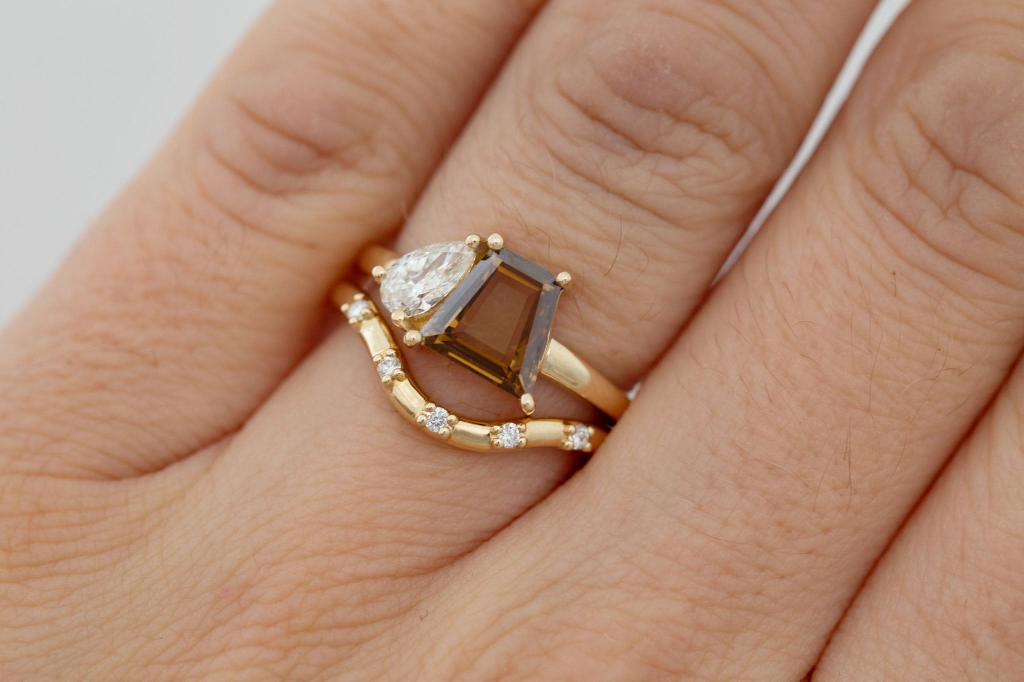 Liana Ring | Champagne Trapezoid Diamond + Pear Diamond Engagement Ring 1.27 ct | 14k Recycled Gold | One of a Kind