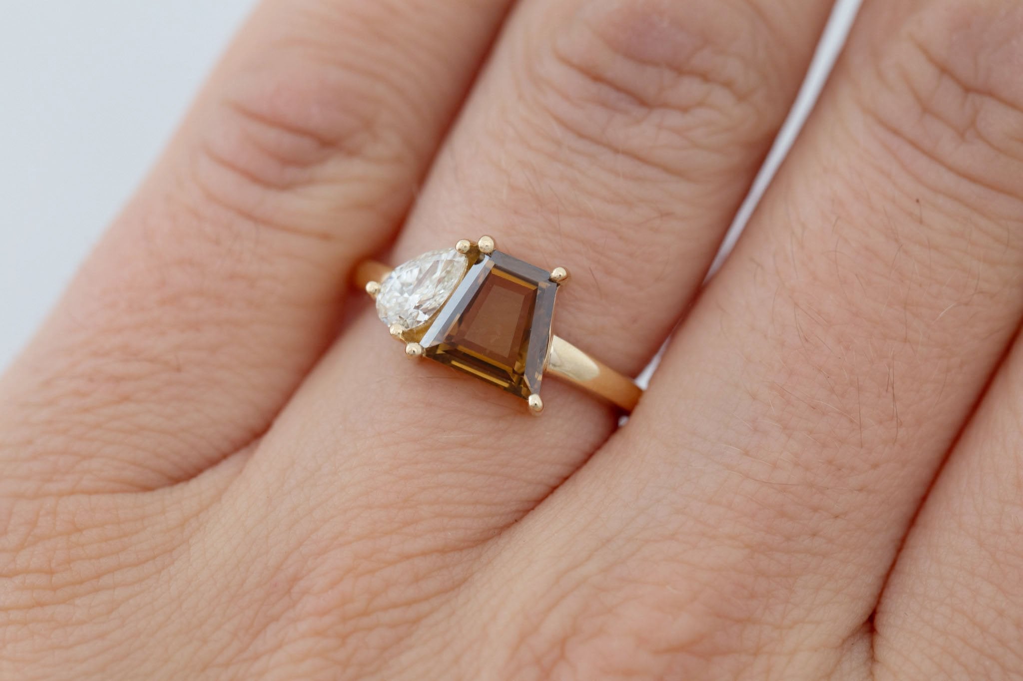 Liana Ring | Champagne Trapezoid Diamond + Pear Diamond Engagement Ring 1.27 ct | 14k Recycled Gold | One of a Kind